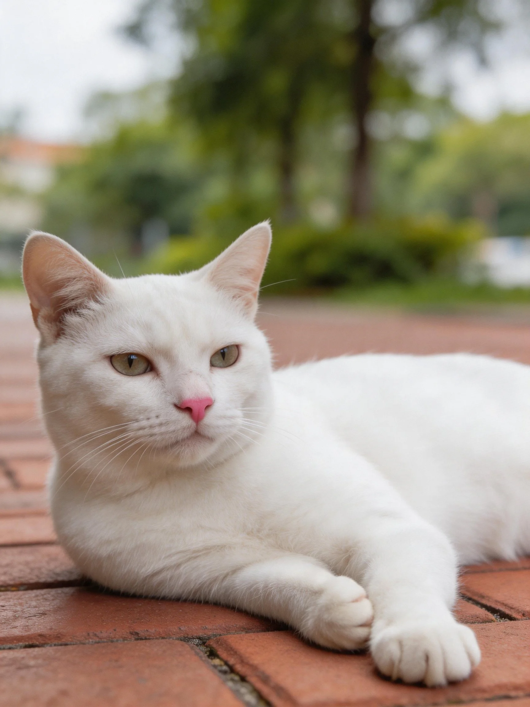 White cat lounging on reddish-brown brick pavement outdoors