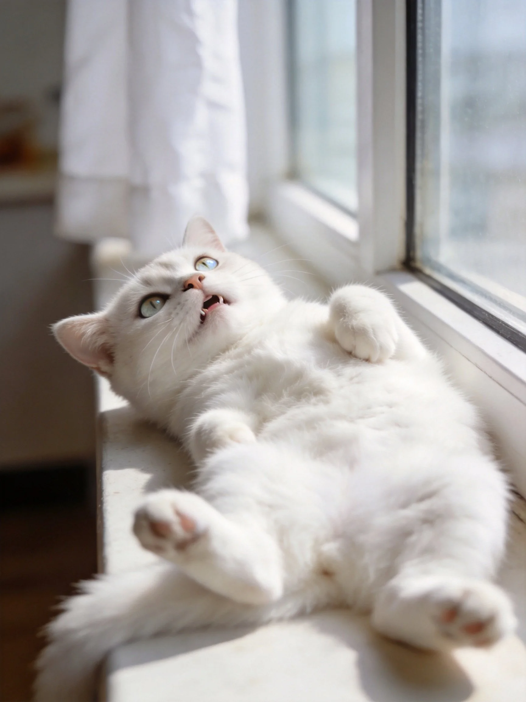 White cat lounging on sunlit windowsill