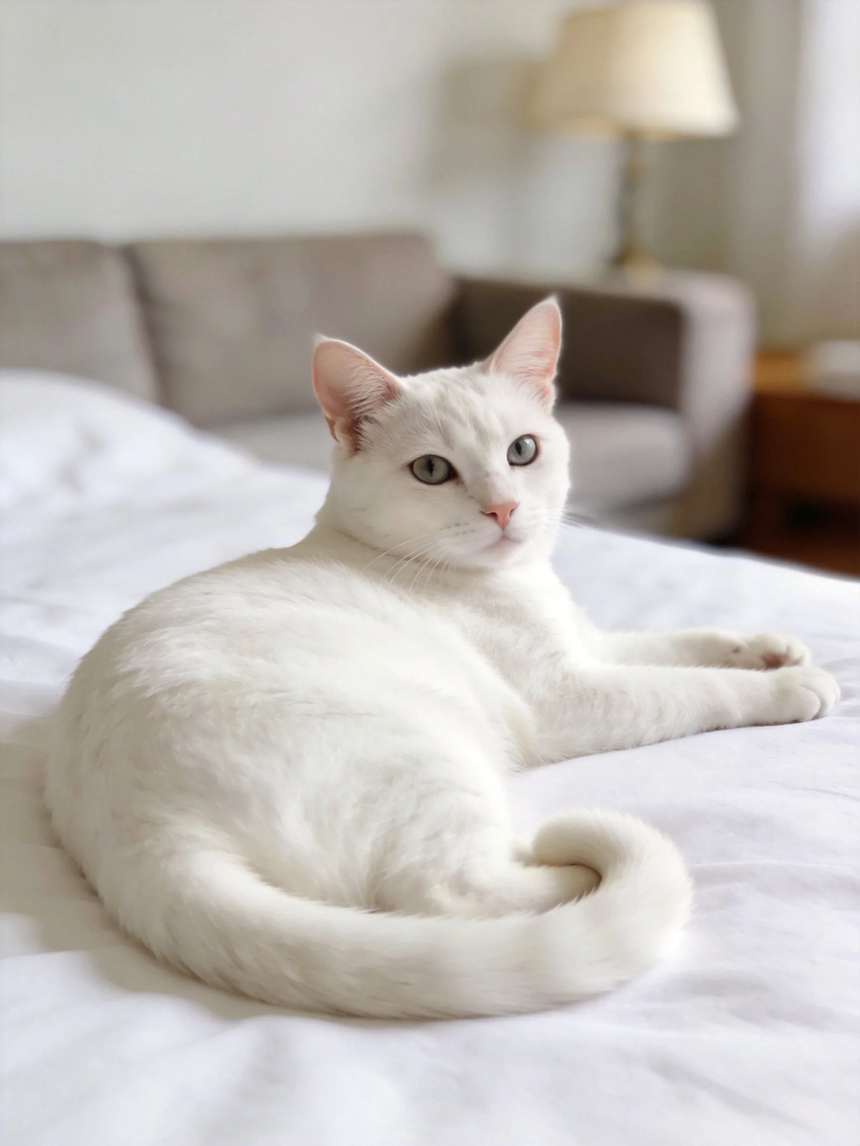 White cat lounging on white bed in softly lit room