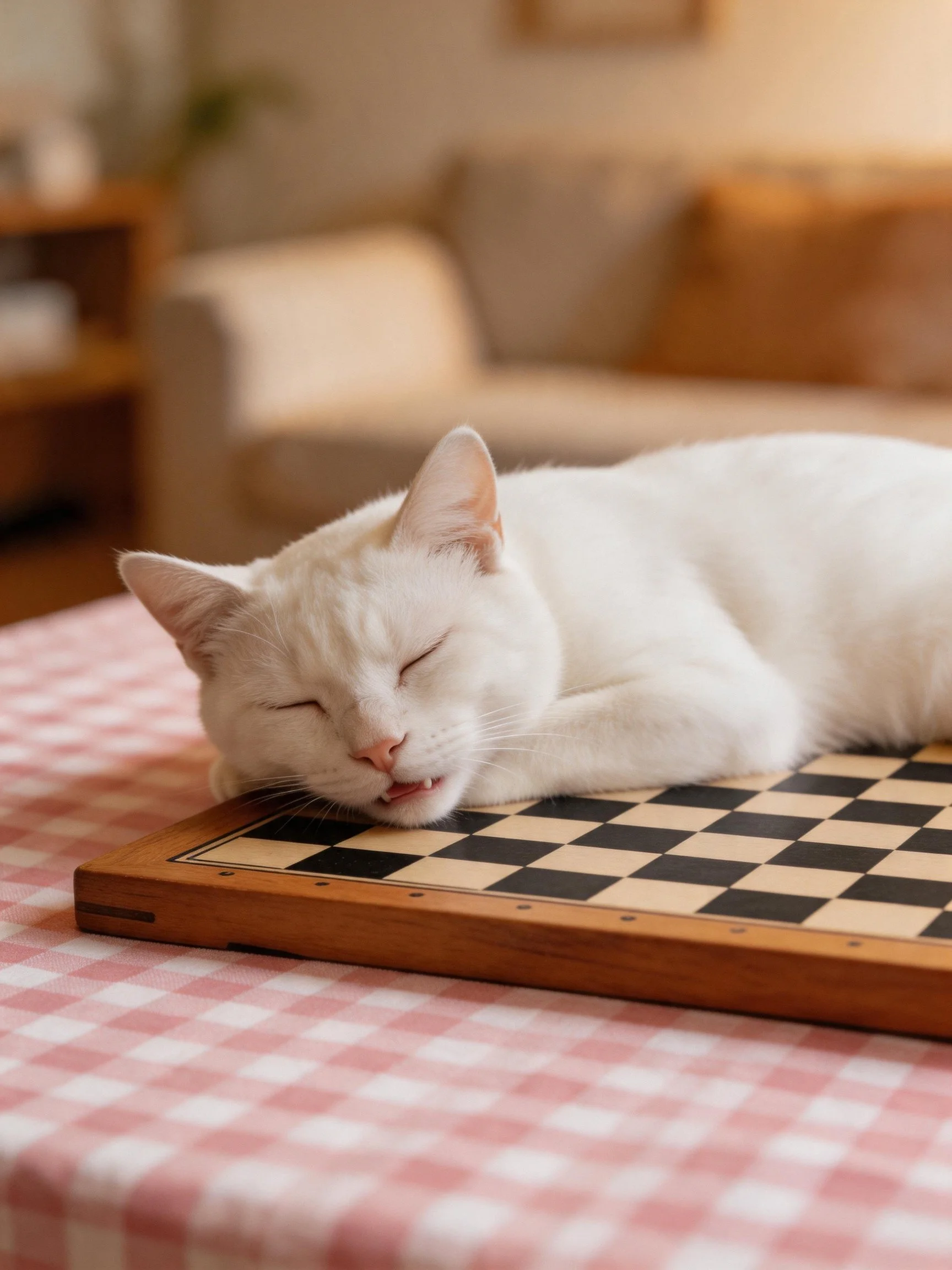 White cat napping on wooden chessboard with pink checkered cloth
