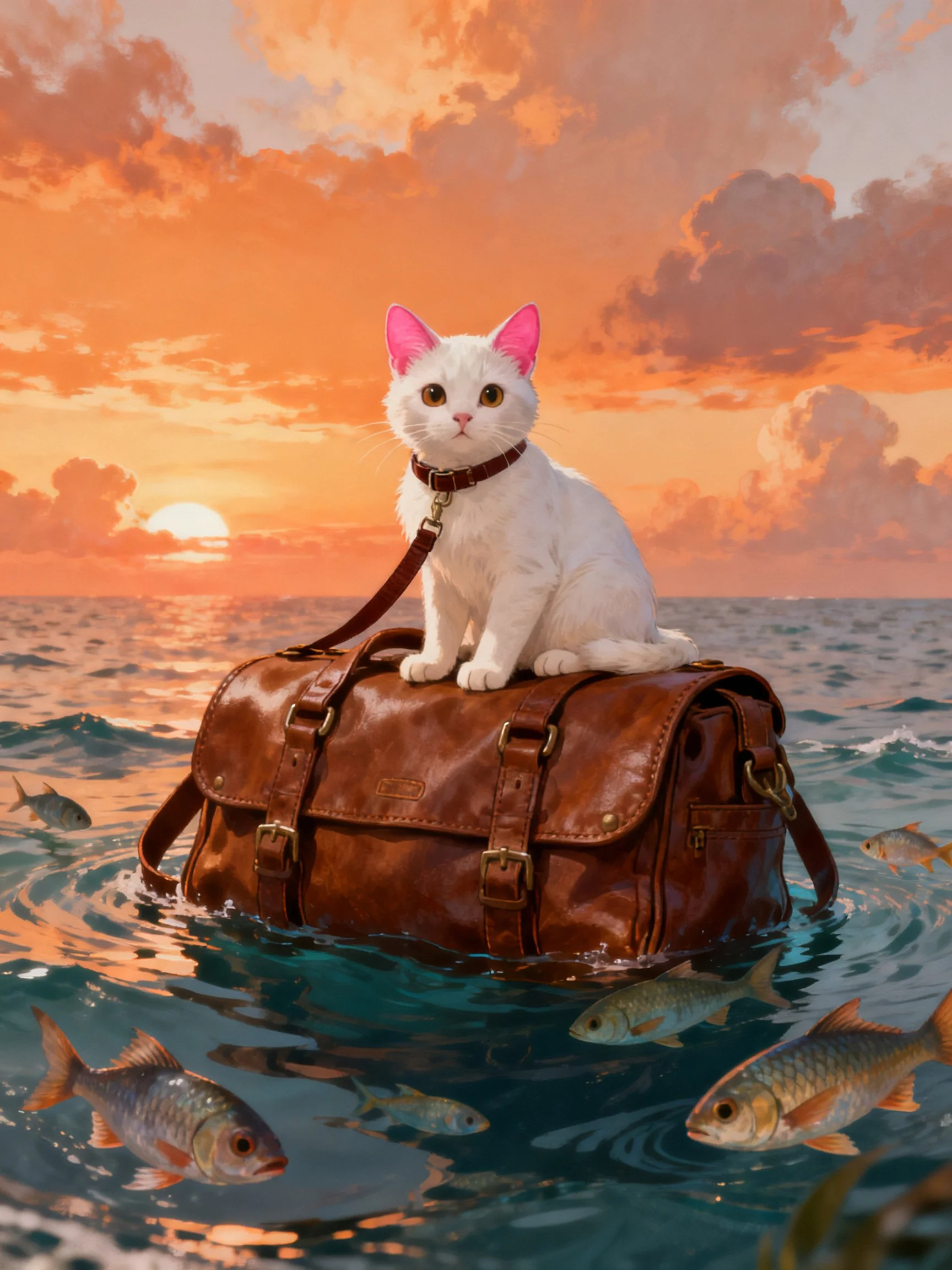 White cat on brown bag floats amid fish under sunset sky