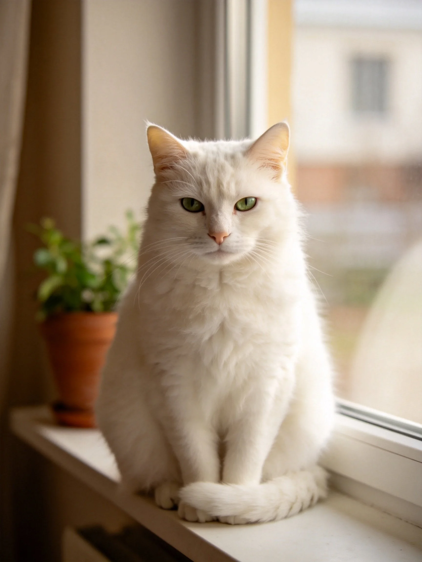White cat on sunlit windowsill with terracotta plant