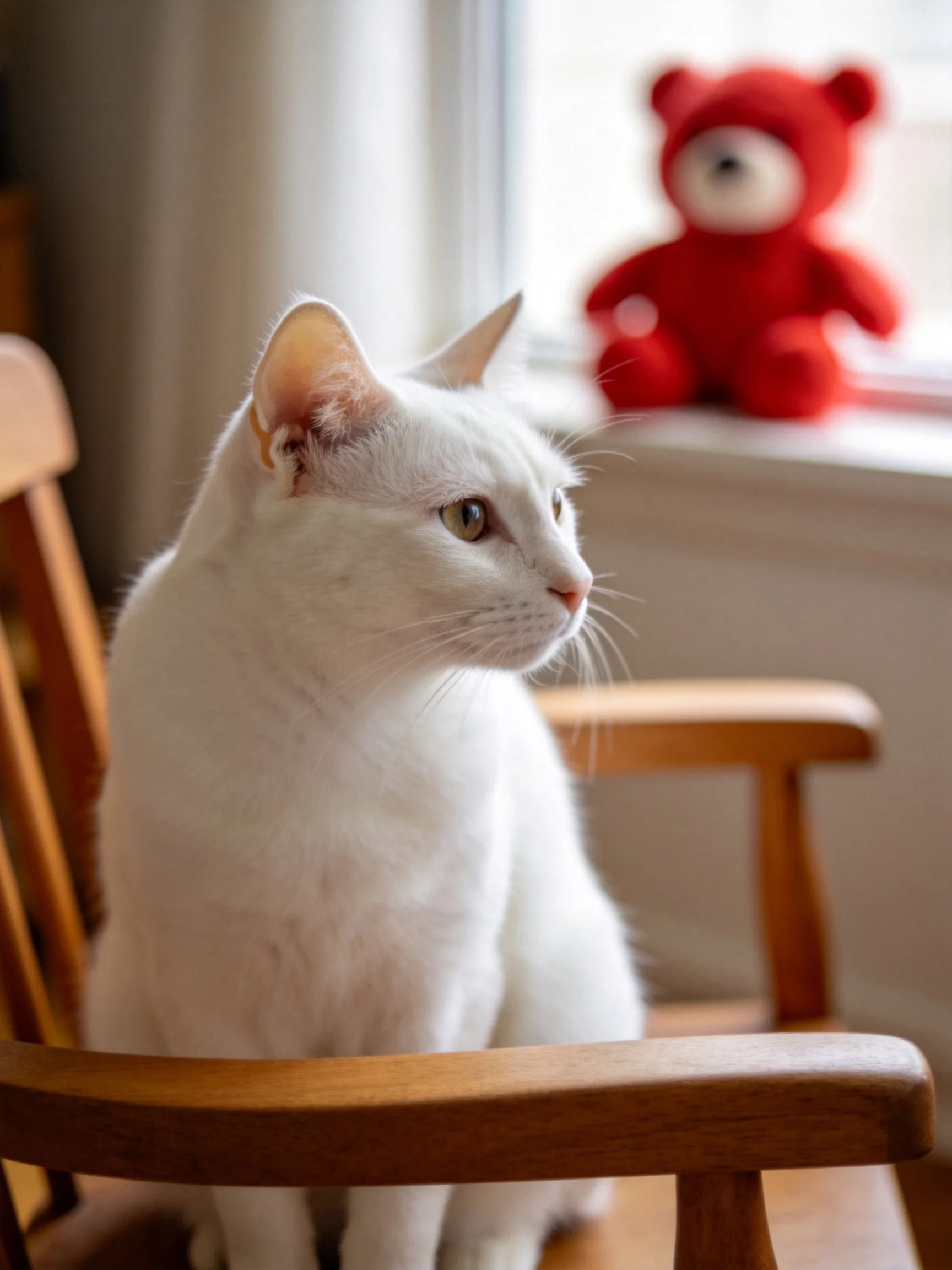 White cat on wooden chair with red teddy near window