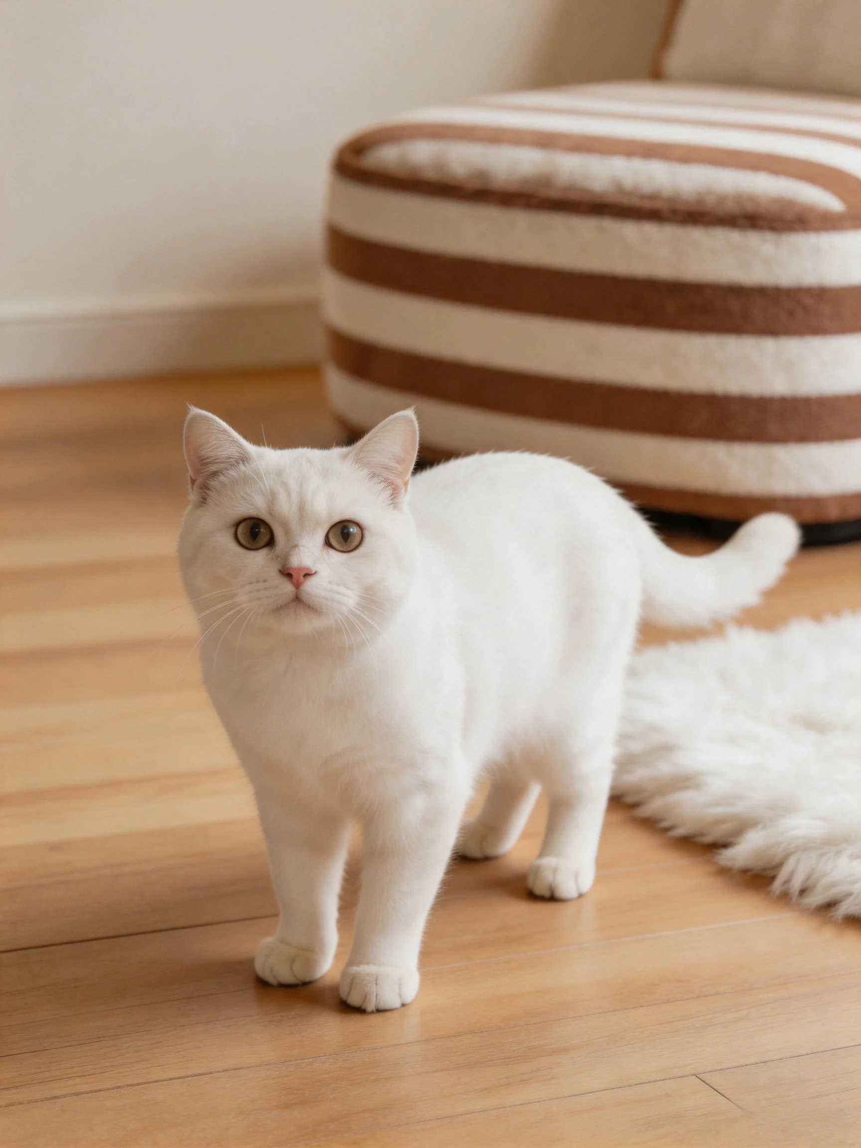 White cat on wooden floor near striped ottoman