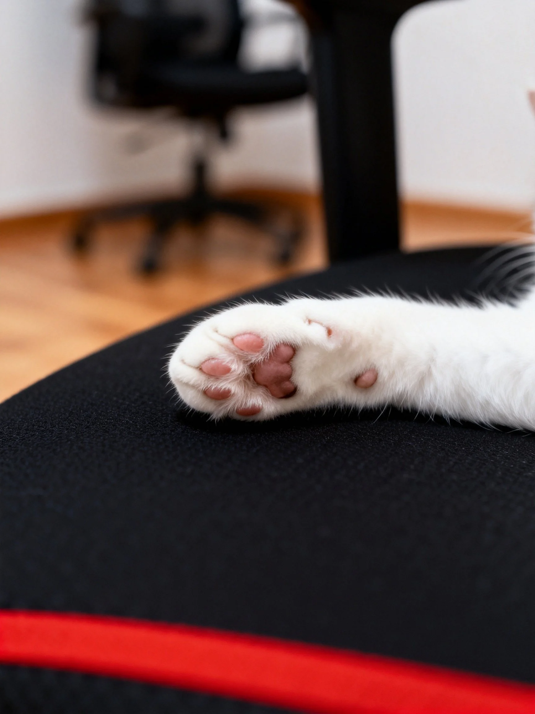 White cat paw on black office chair seat with red stripe