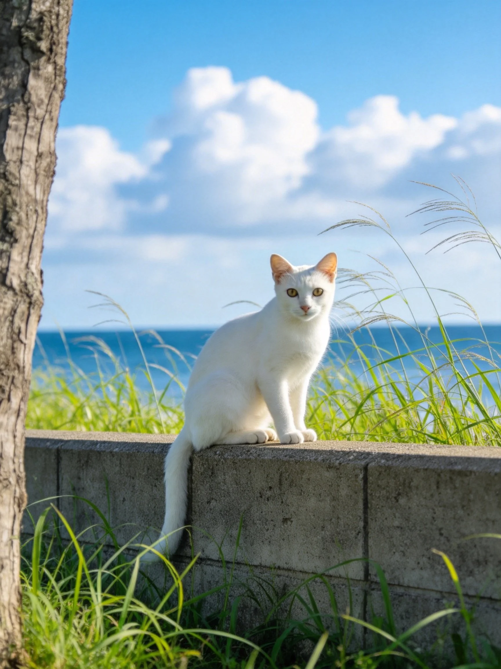 White cat perched on concrete wall by the sea