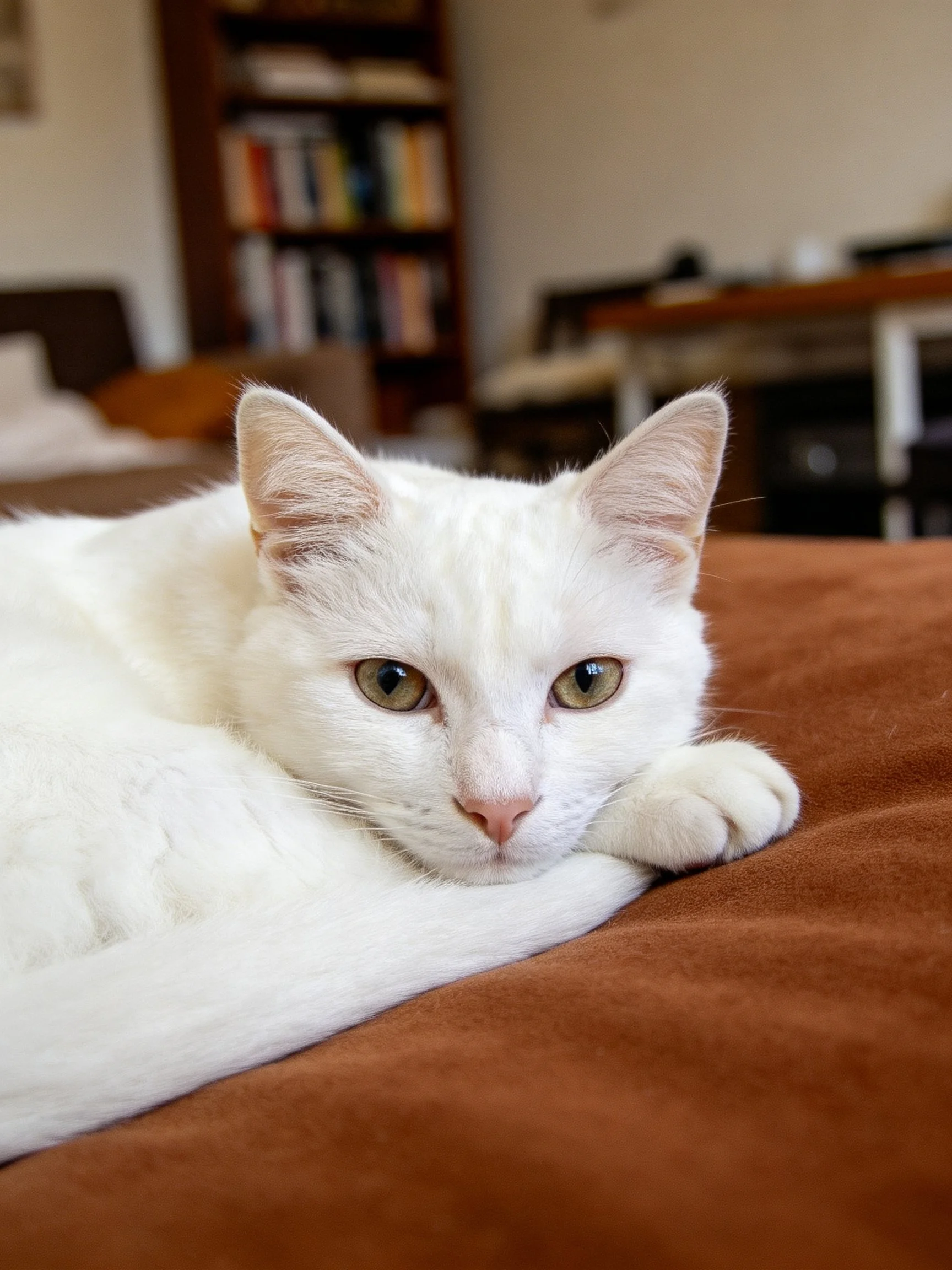 White cat resting on brown fabric in a cozy indoor setting