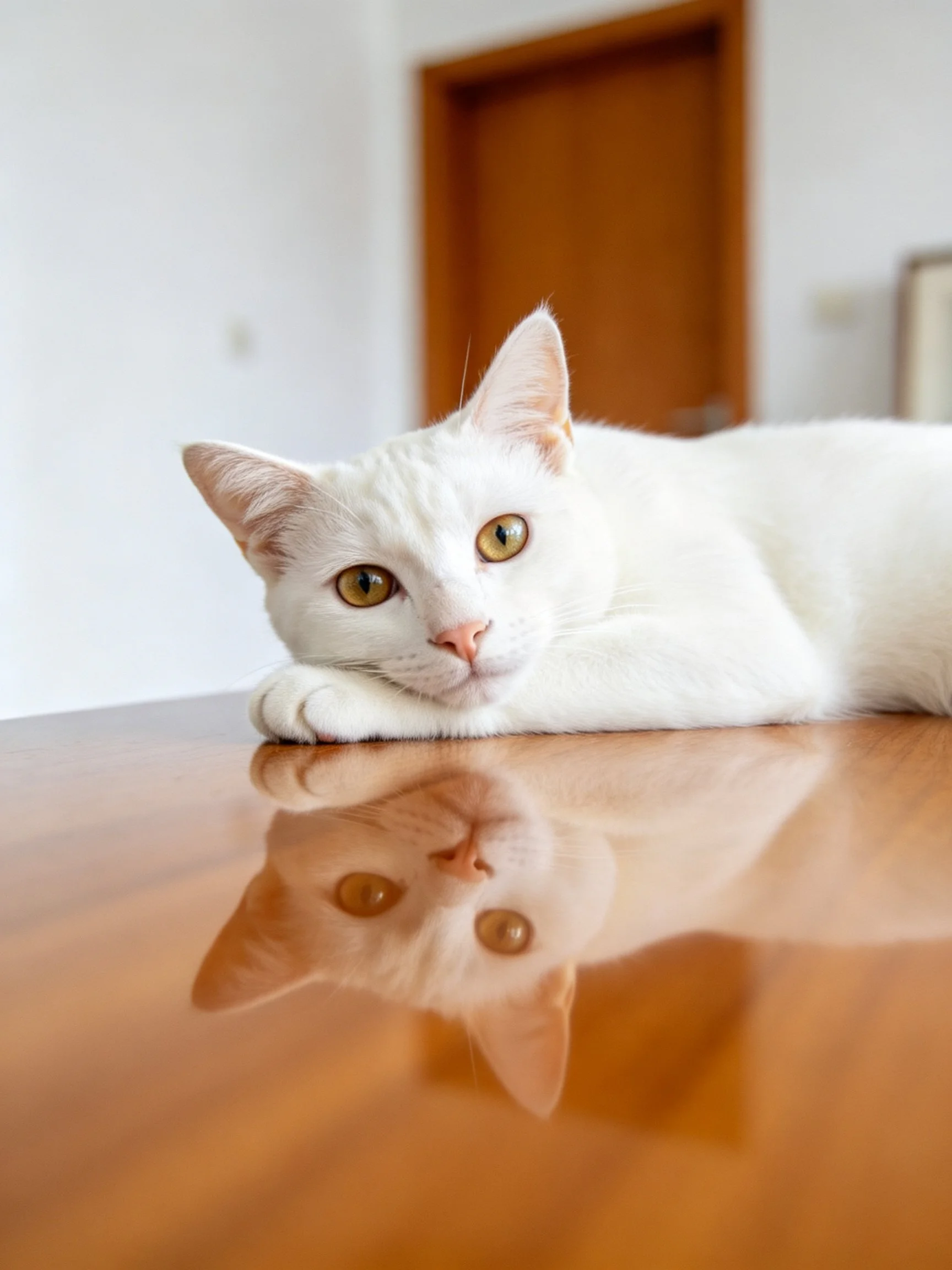 White cat resting on glossy wooden table with reflection
