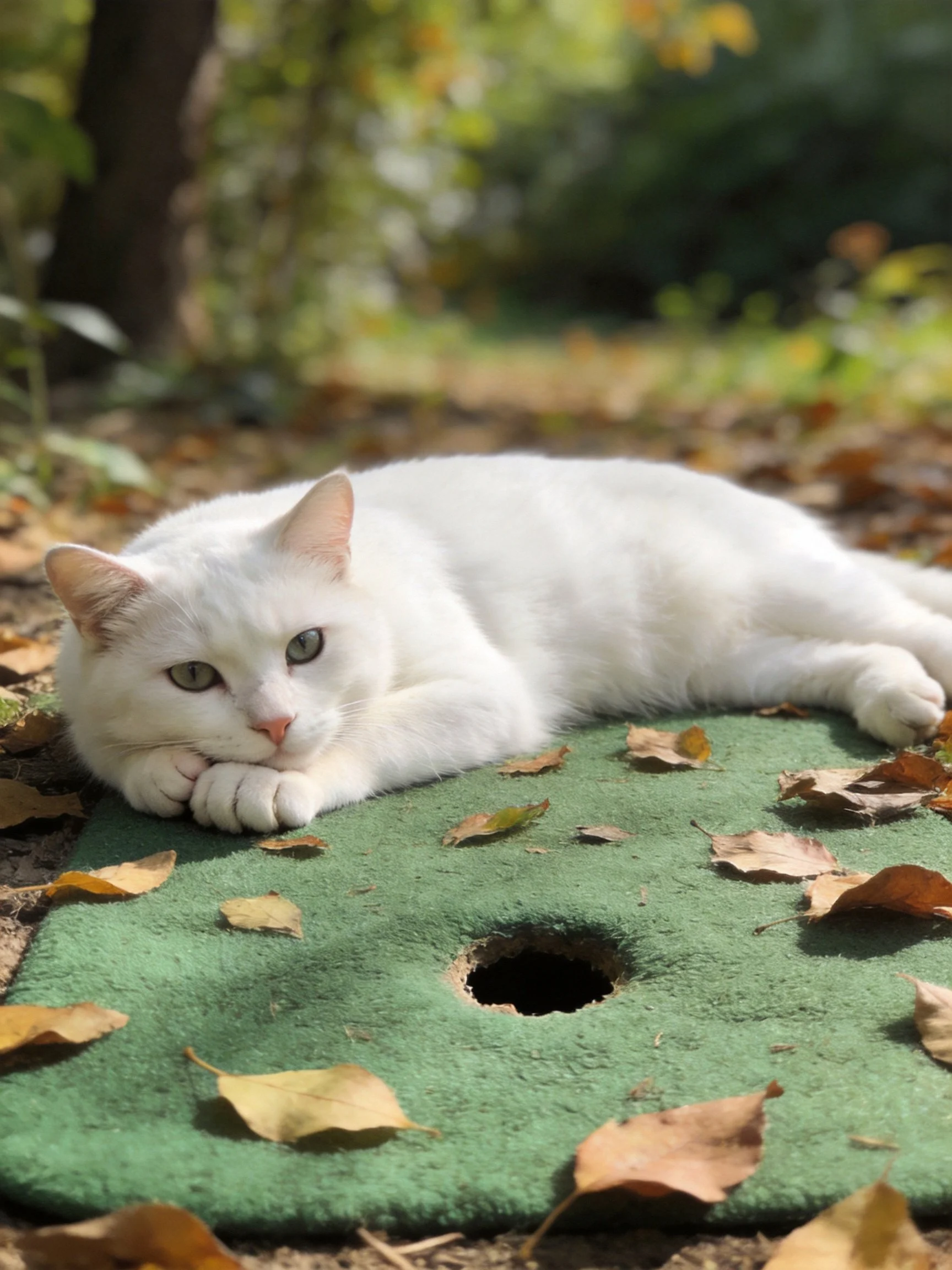 White cat resting on green mat amid autumn leaves