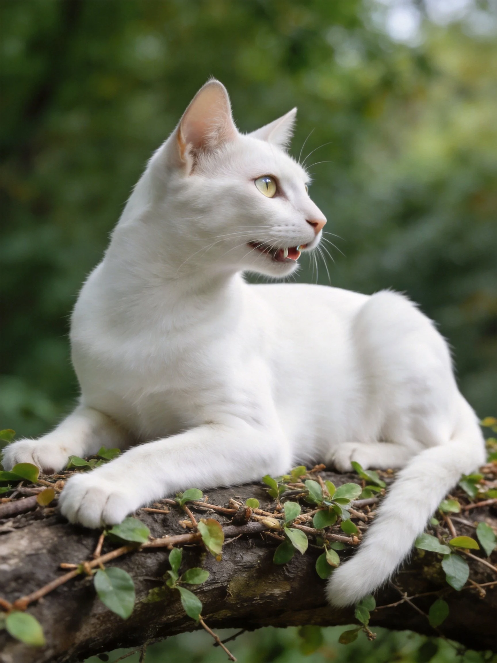A white cat relaxes on a leaf-covered tree branch amid green foliage.