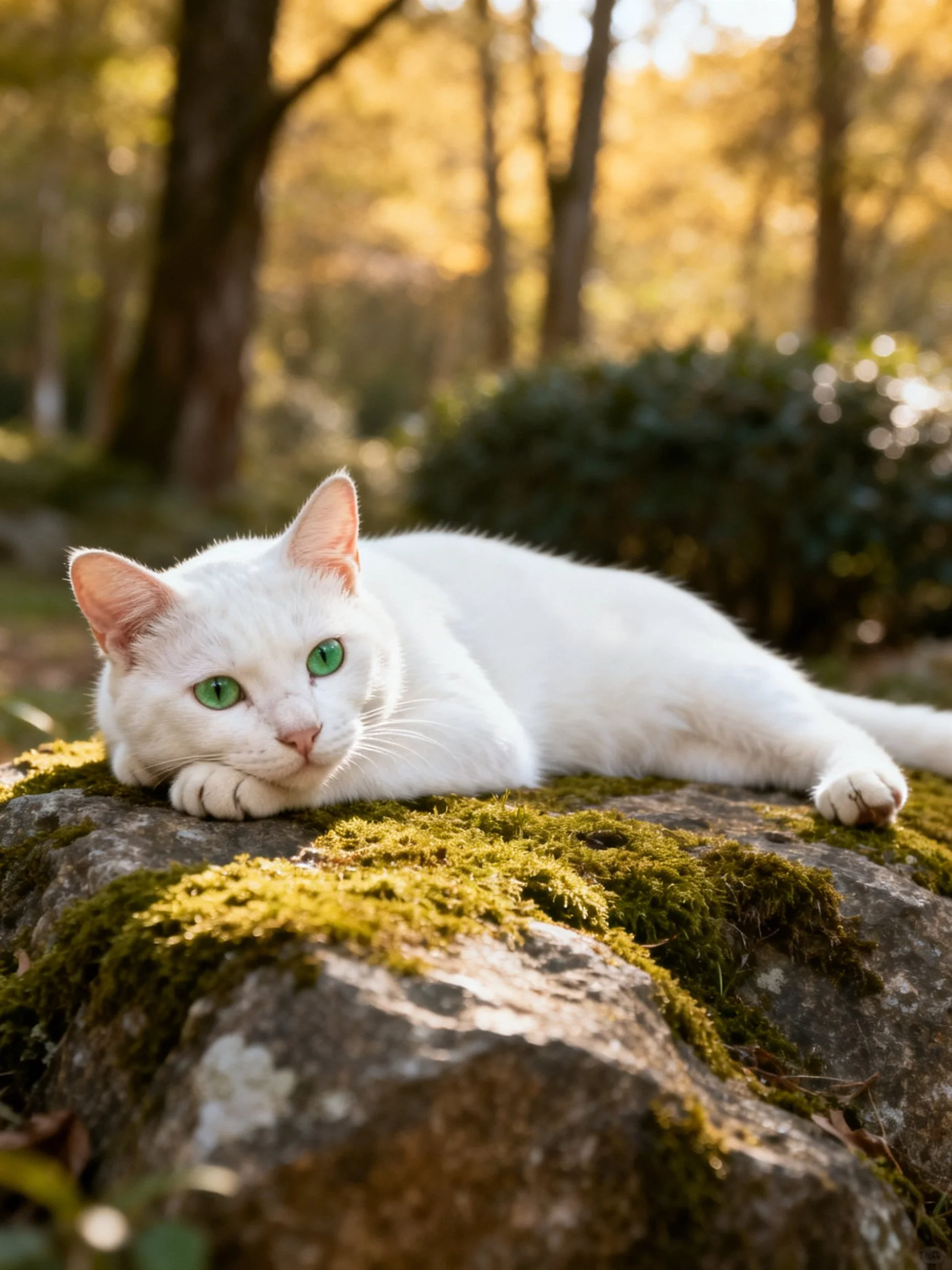 White cat resting on mossy rock in sunlit forest