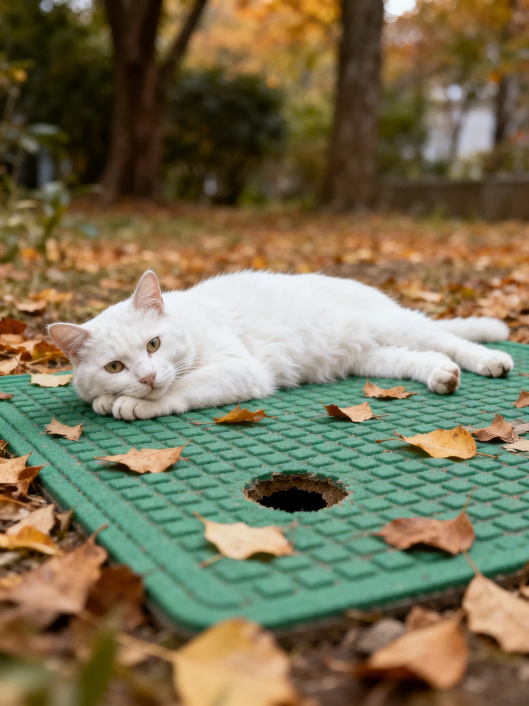 White cat rests on green textured mat amid autumn leaves