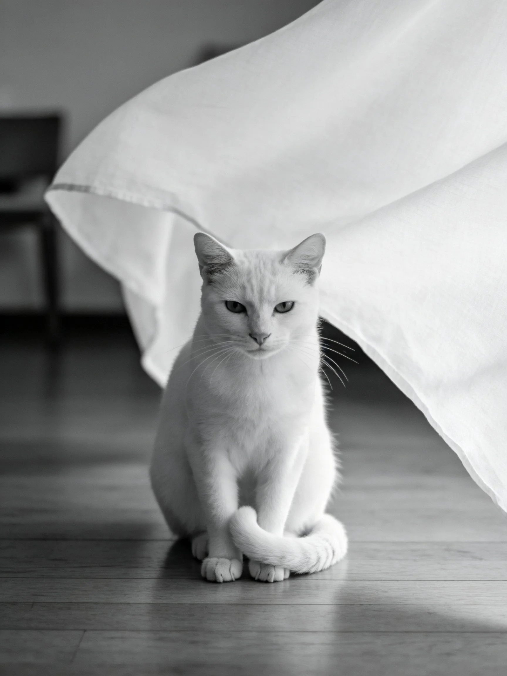 A white cat sits calmly under a large fabric near a wooden floor.