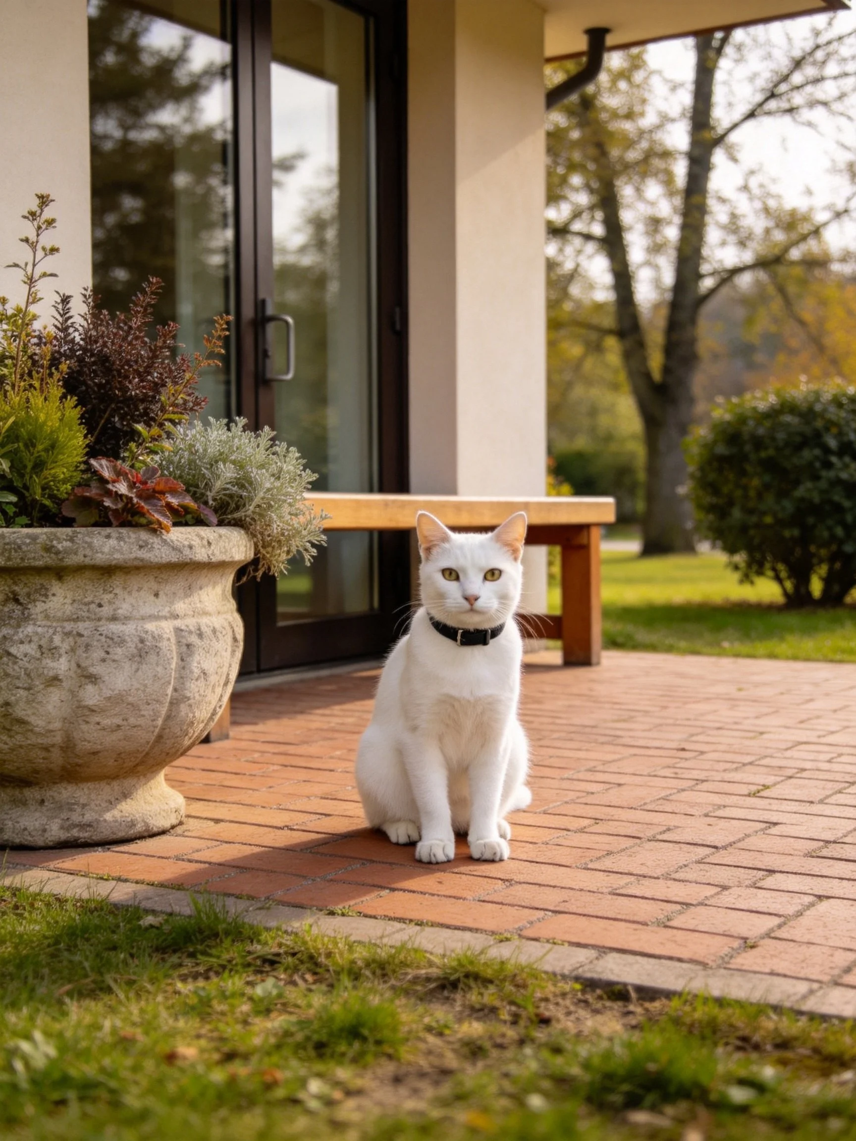 White cat sitting on brick patio near stone planter