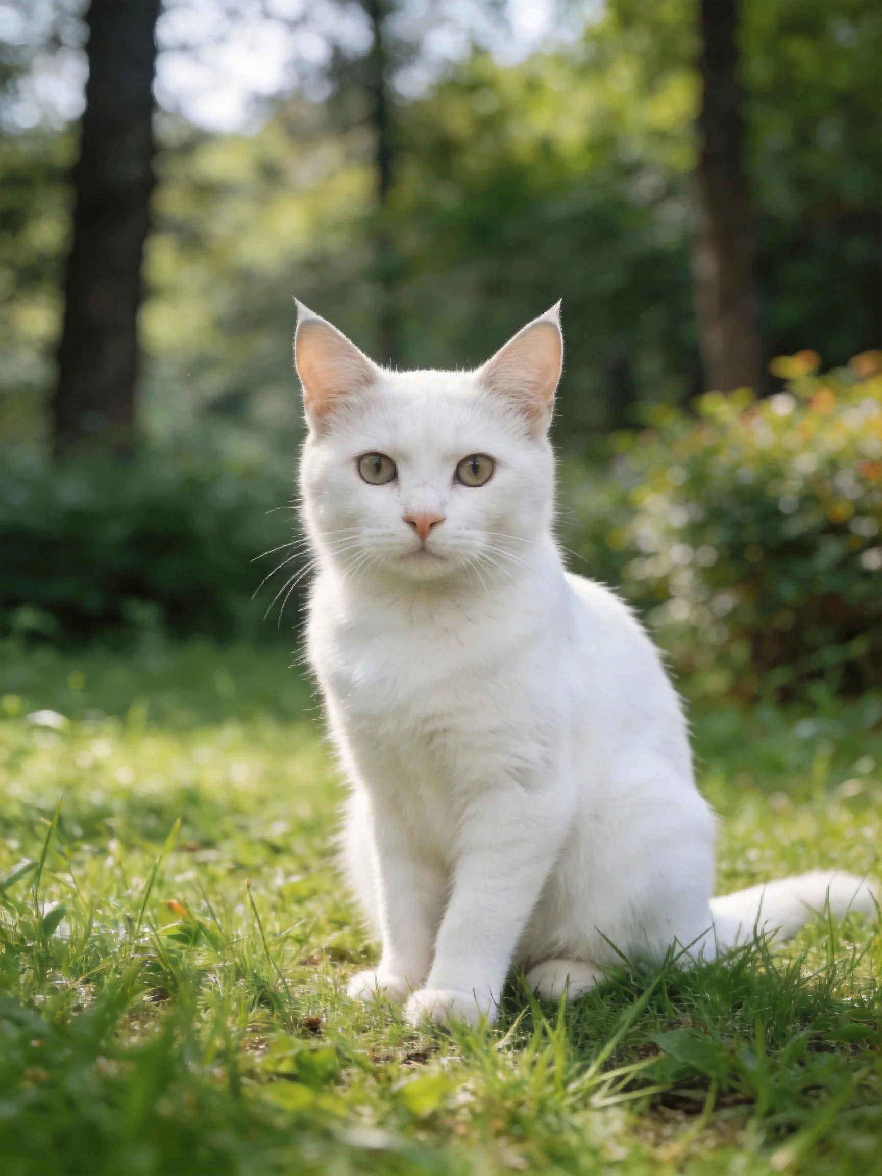 White cat sitting on green grass near tall trees