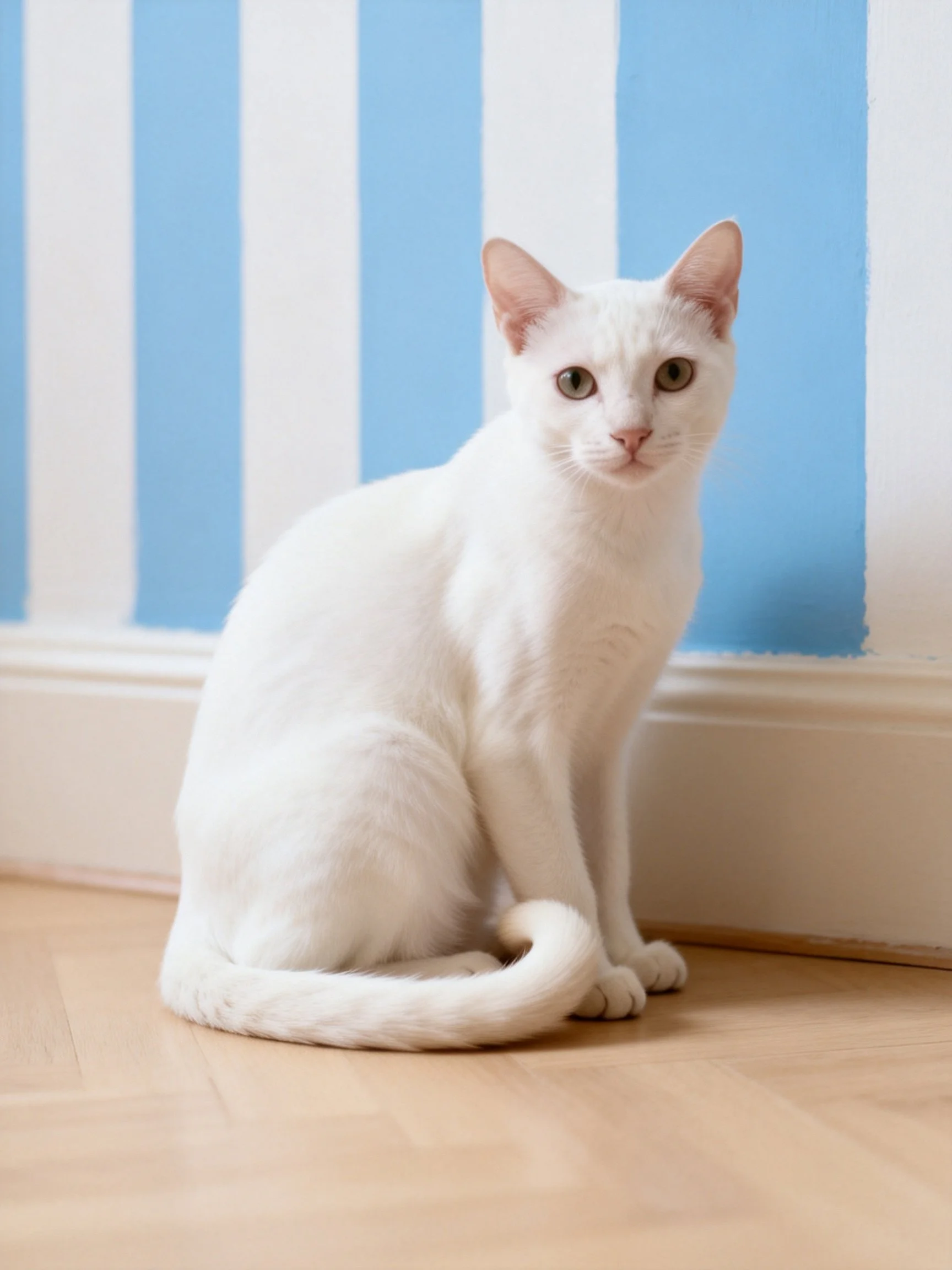White cat sitting on wooden floor near blue and white striped walls