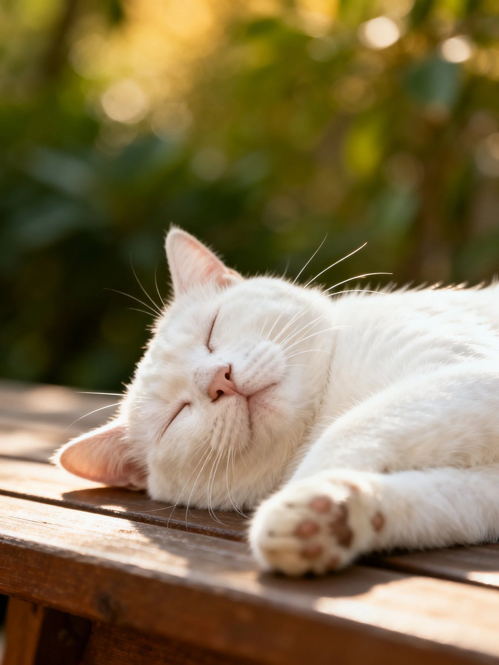 White cat sleeping contentedly on a wooden outdoor table