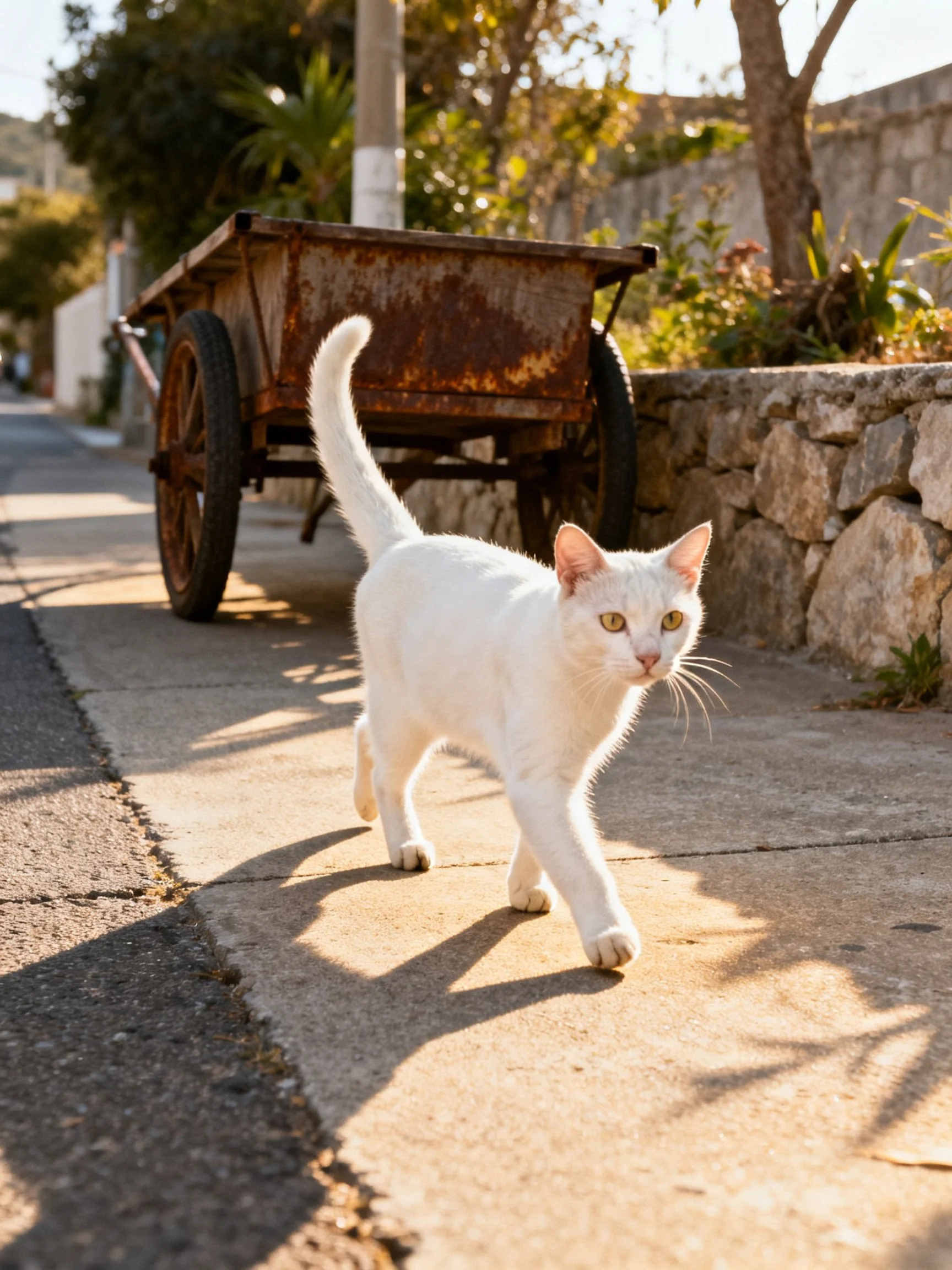 White cat walks near rusted cart on sunlit street