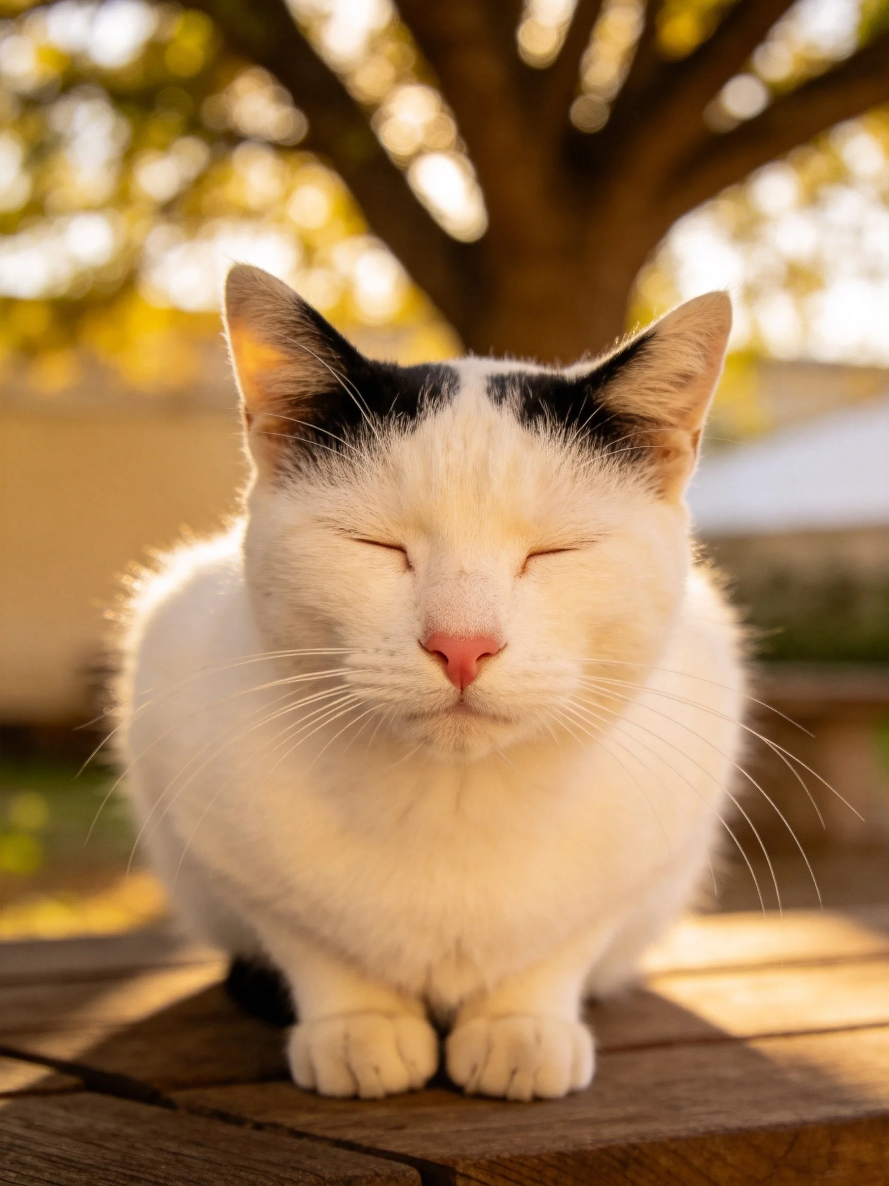 White cat with black ear patches resting on a wooden table outdoors