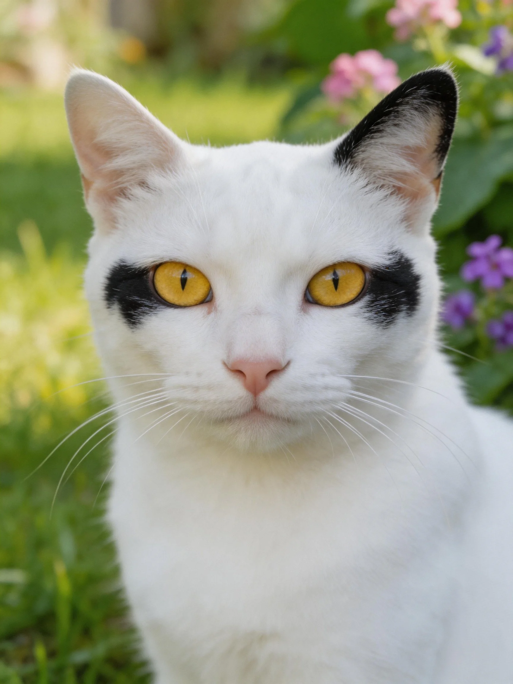 White cat with black facial markings and golden eyes in a garden