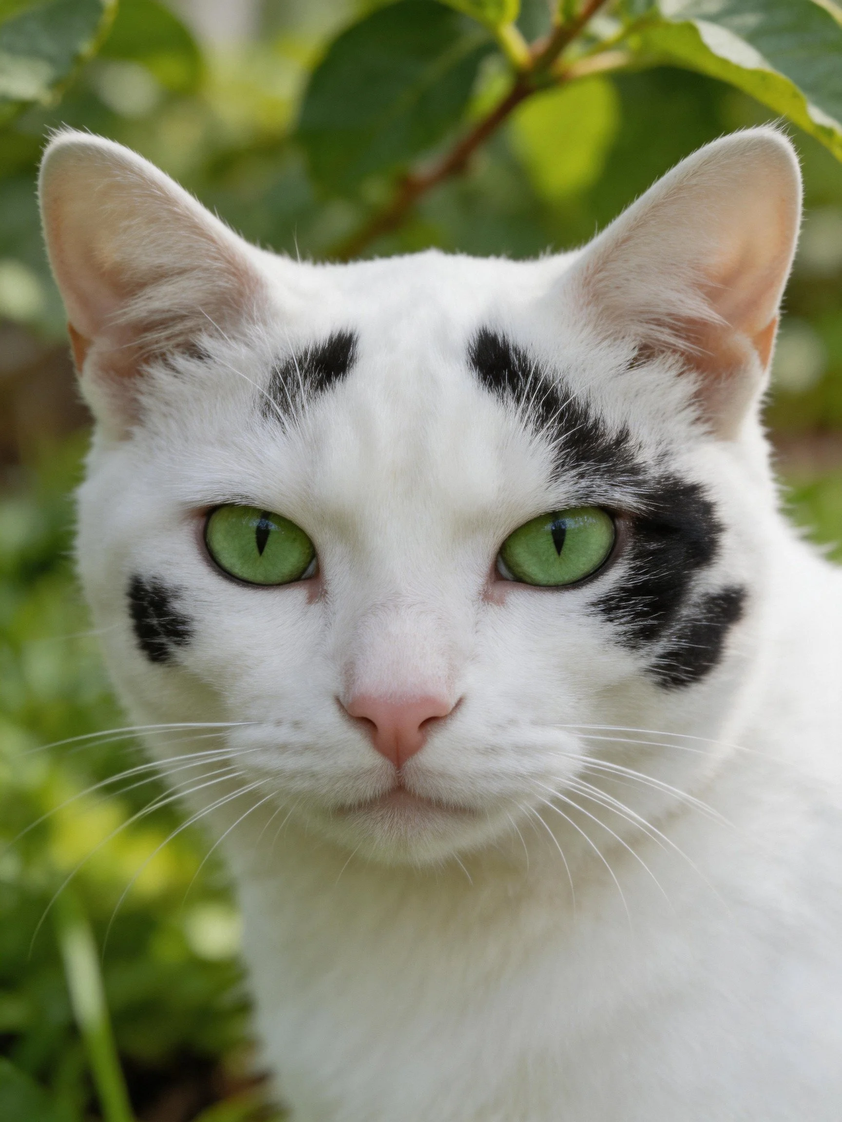 White cat with black facial markings, bright green eyes, amidst foliage.