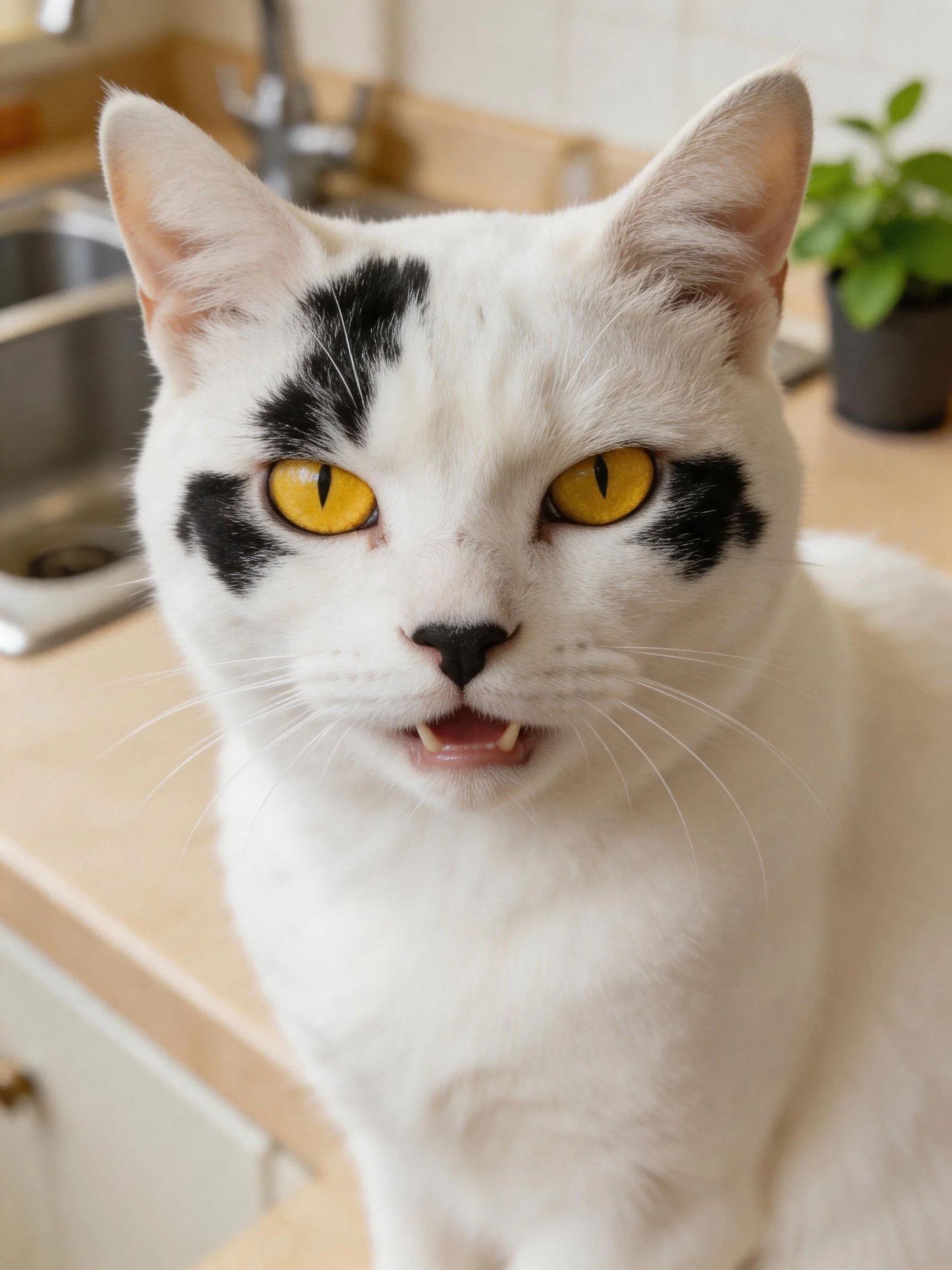 White cat with black facial patches and yellow eyes in kitchen