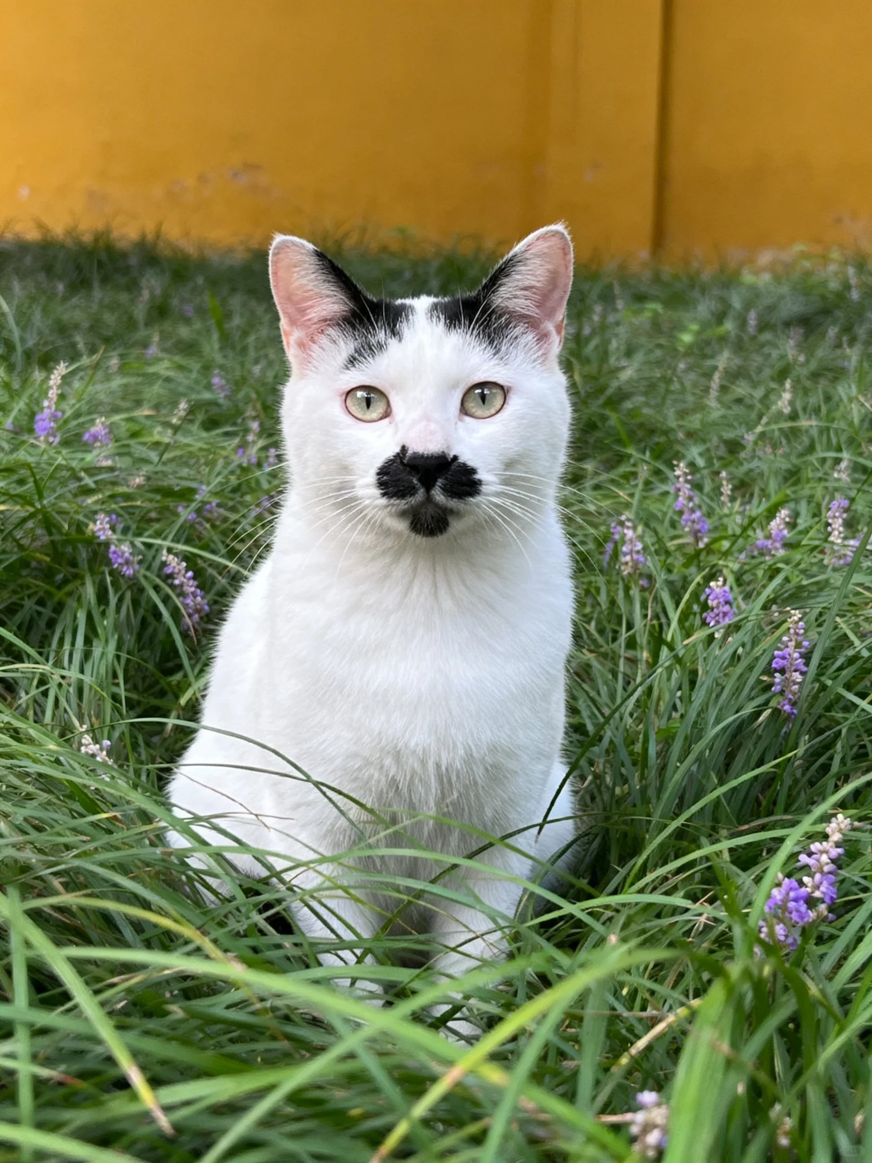 White cat with black markings among tall green grass and purple flowers near yellow wall