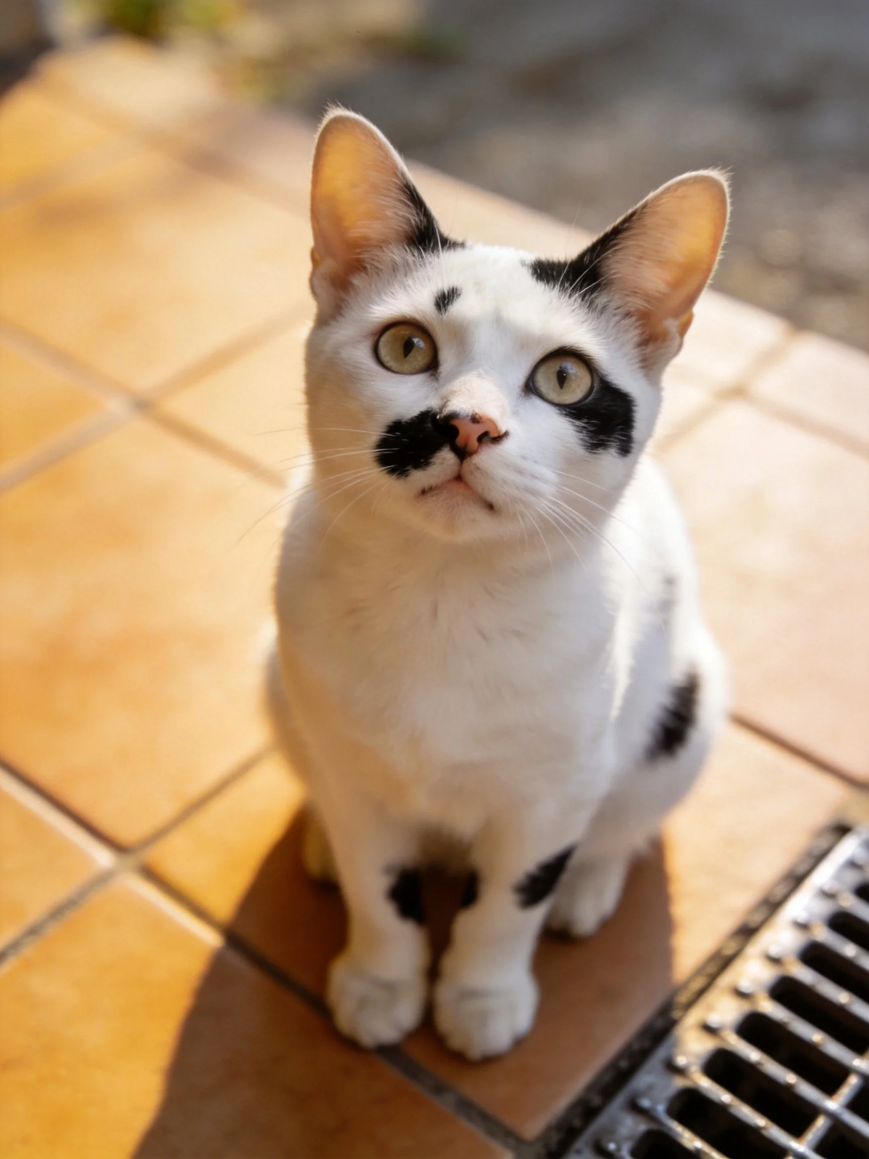 White cat with black patches sitting on terracotta tiles near a metal grate