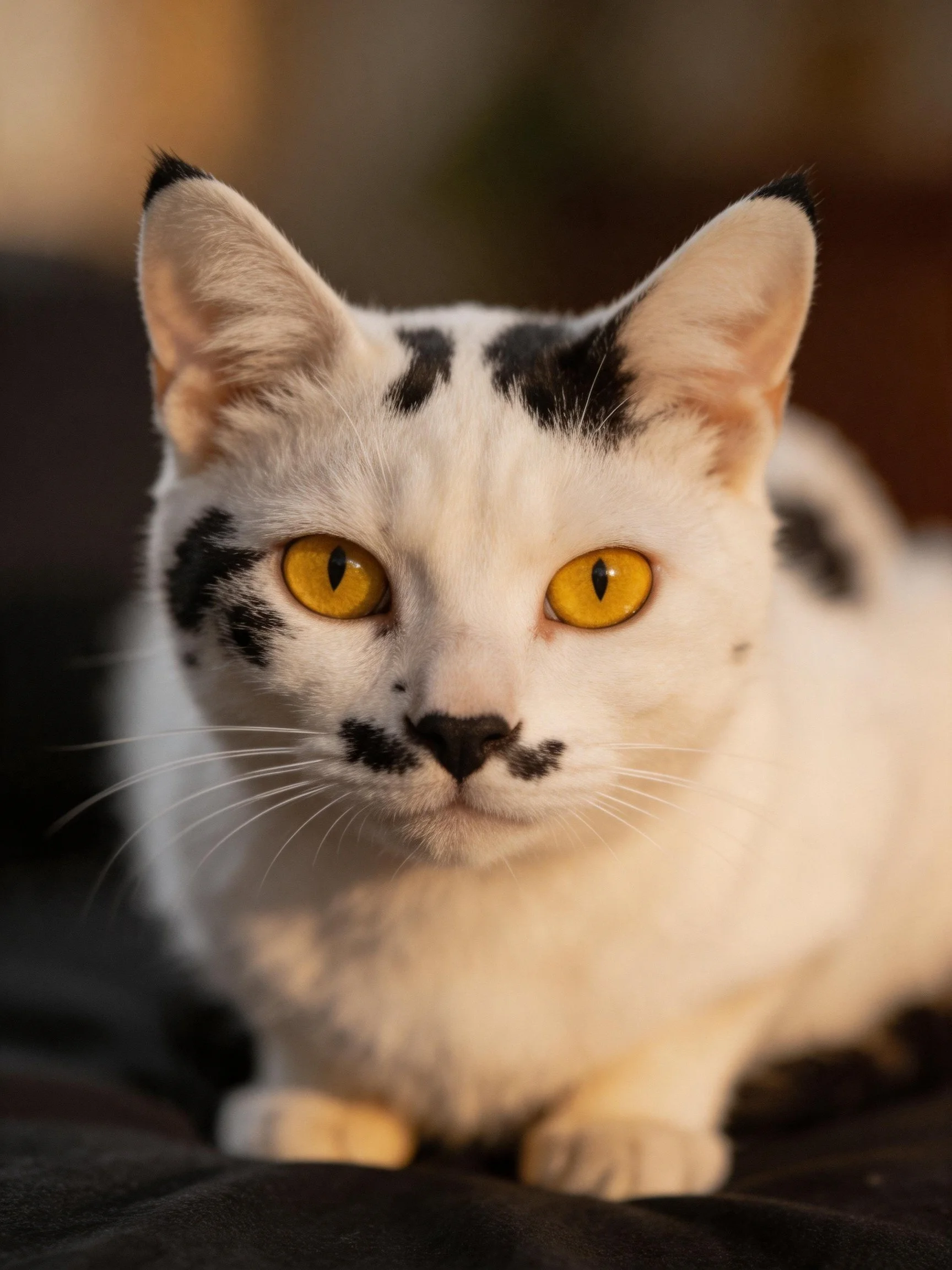 White cat with black spots and golden eyes resting on dark fabric
