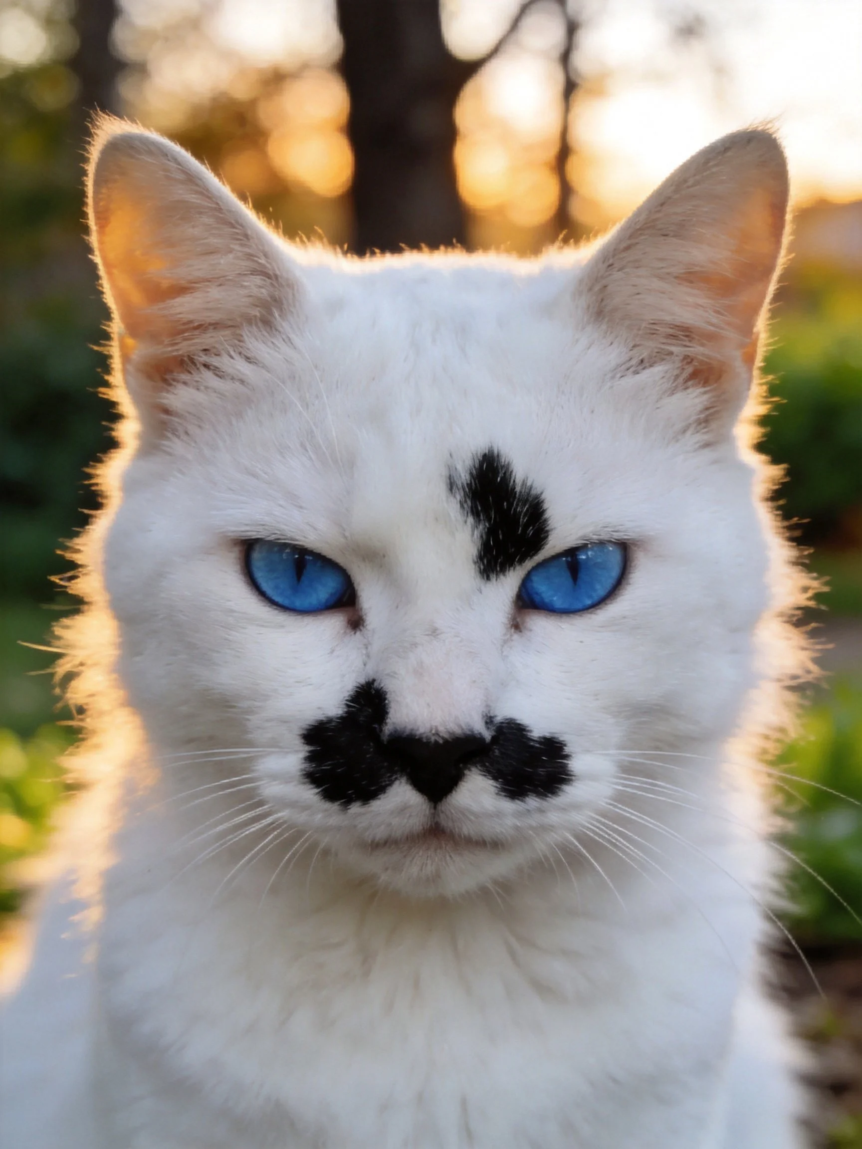 A white cat with blue eyes and black facial markings is photographed in a sunlit outdoor setting.