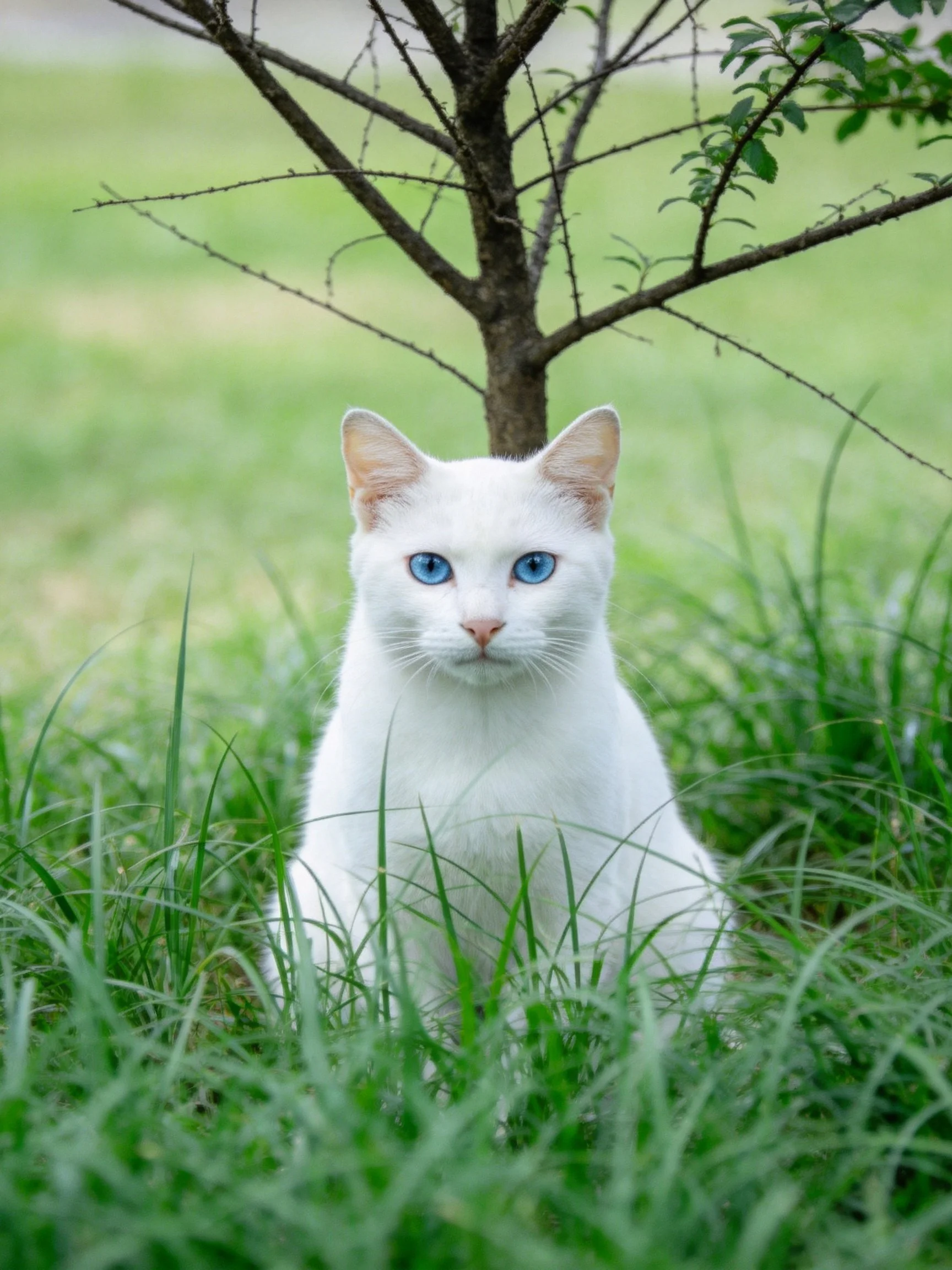 White cat with blue eyes rests in tall green grass near small tree.