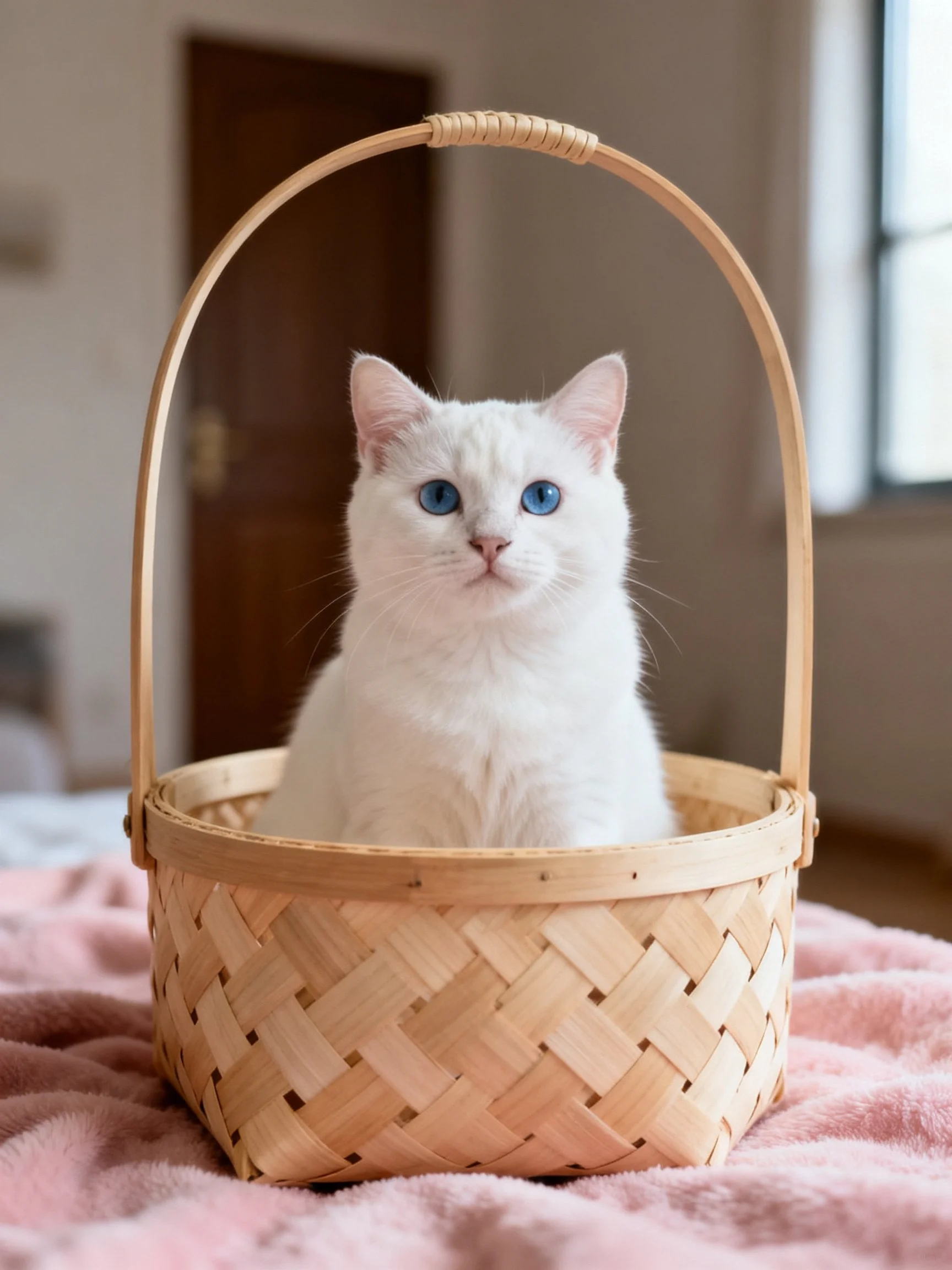 A white cat with blue eyes sits inside a woven bamboo basket.