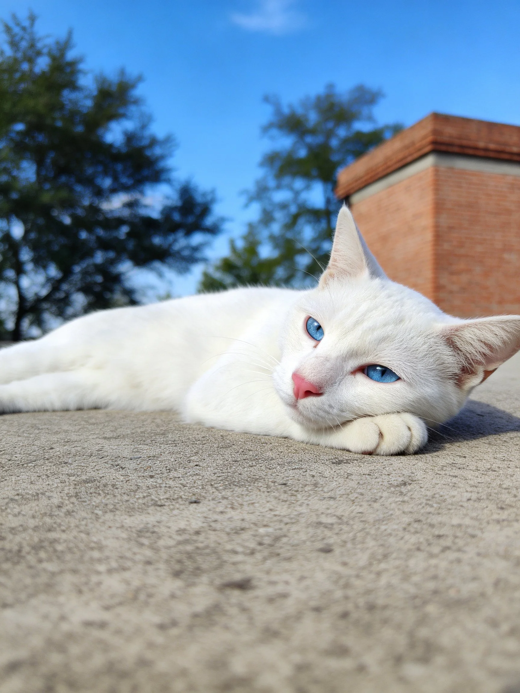 White cat with blue eyes lounging on concrete near trees and brick structure