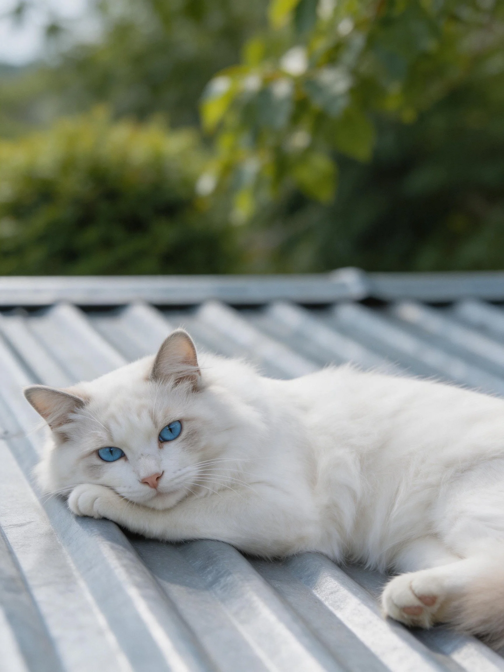 White cat with blue eyes lounging on corrugated metal roof
