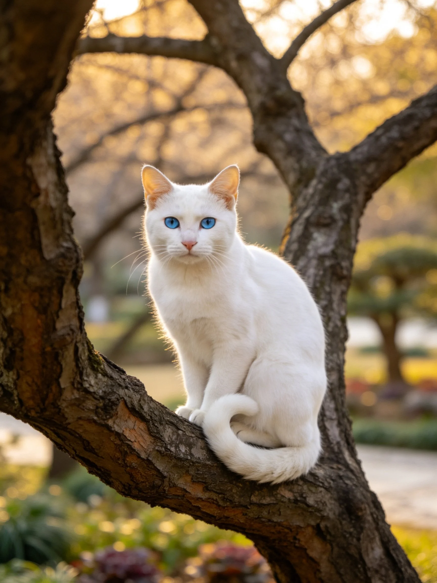 White cat with blue eyes on gnarled tree branch