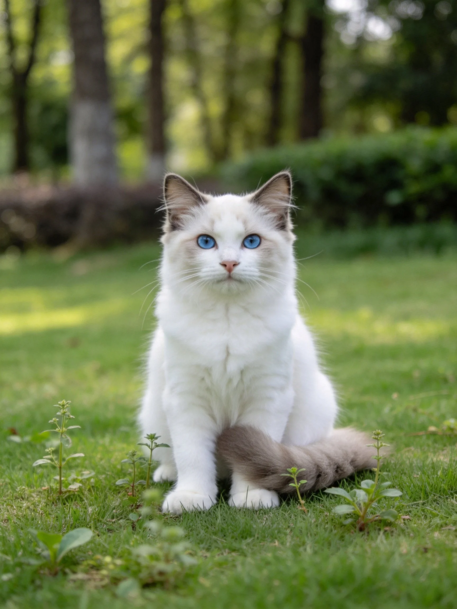 White cat with blue eyes sits calmly in a grassy woodland area.