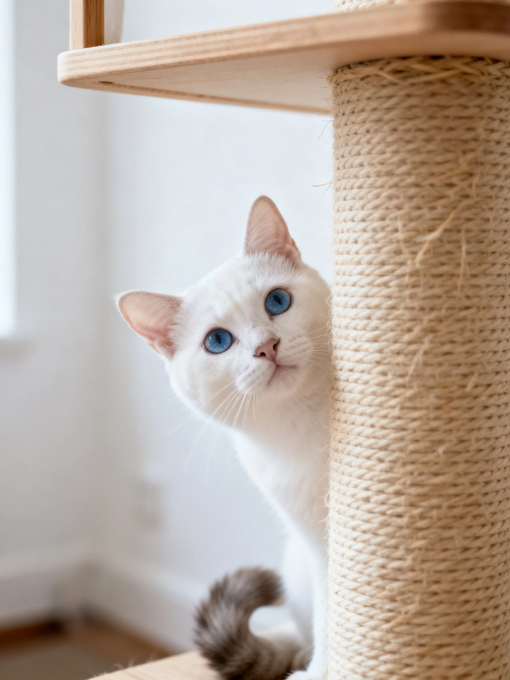 White cat with blue eyes peeks from rope scratching post