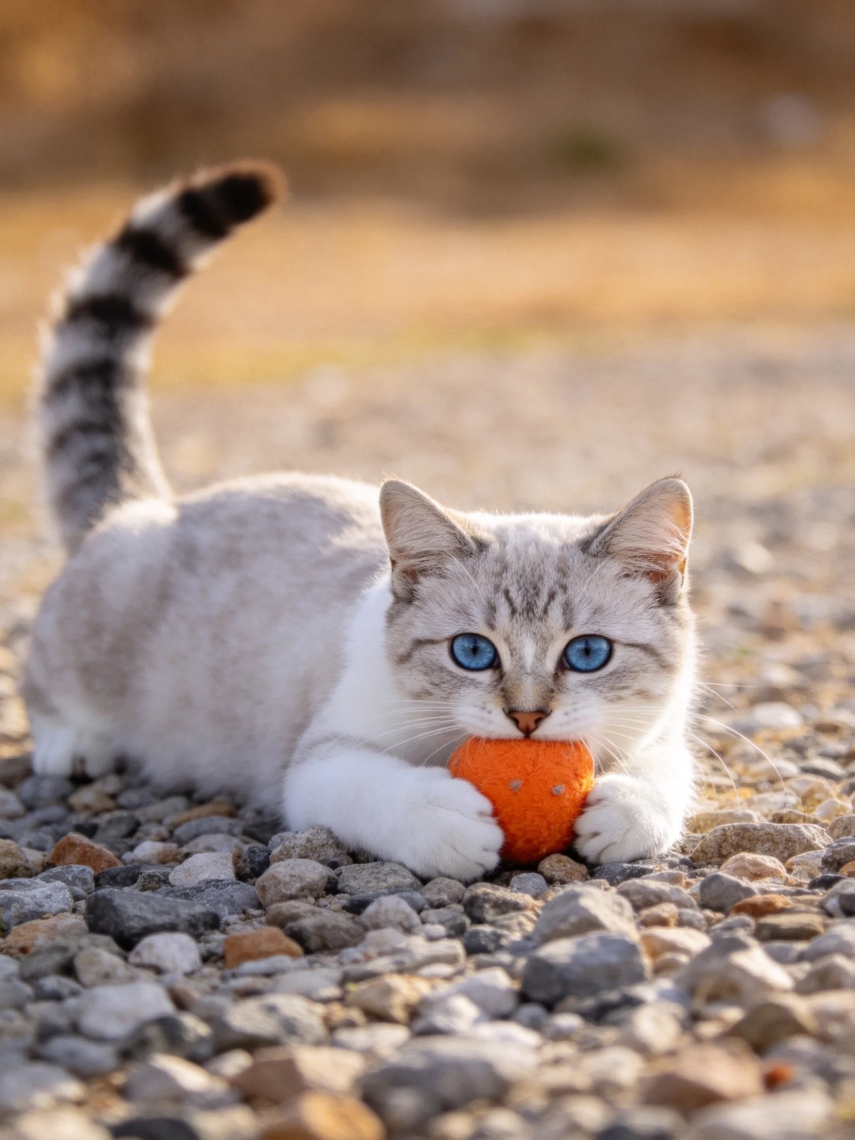 A white cat with blue eyes holds an orange toy on a gravel surface.