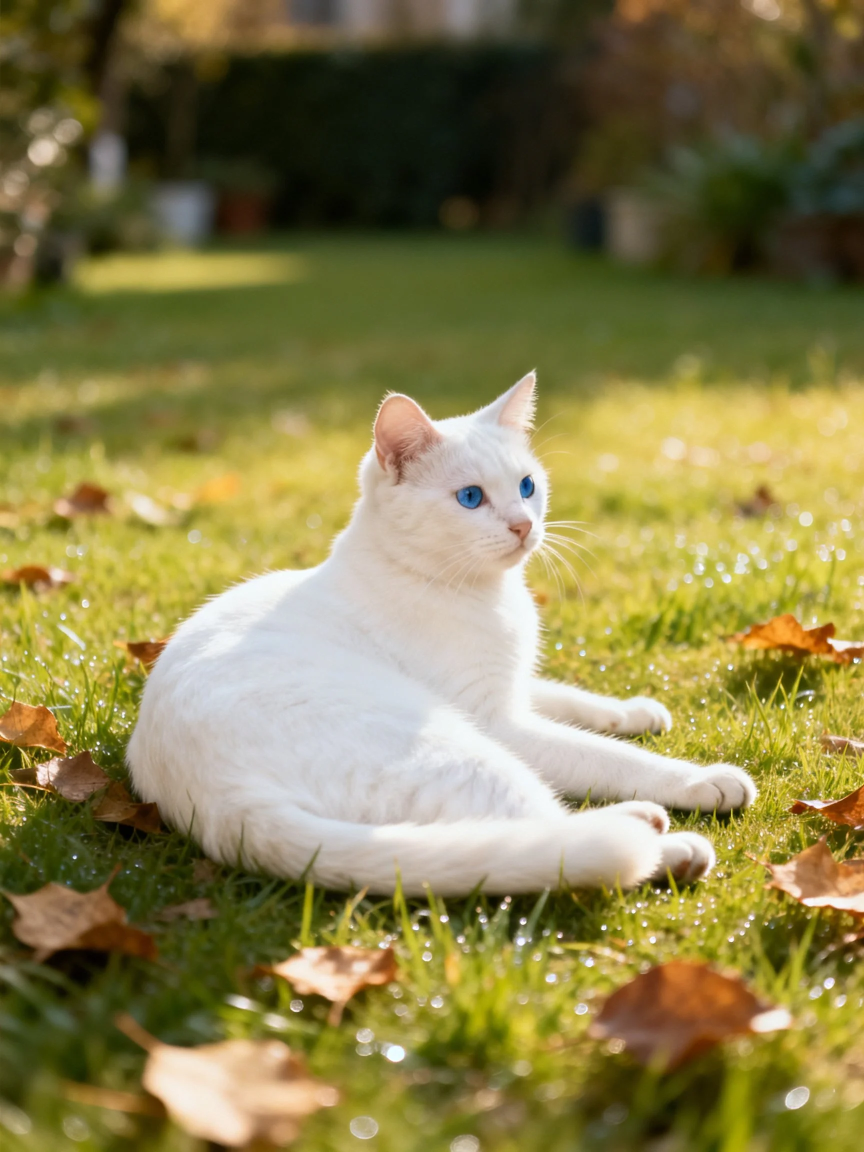White cat with blue eyes resting on dewy grass among autumn leaves