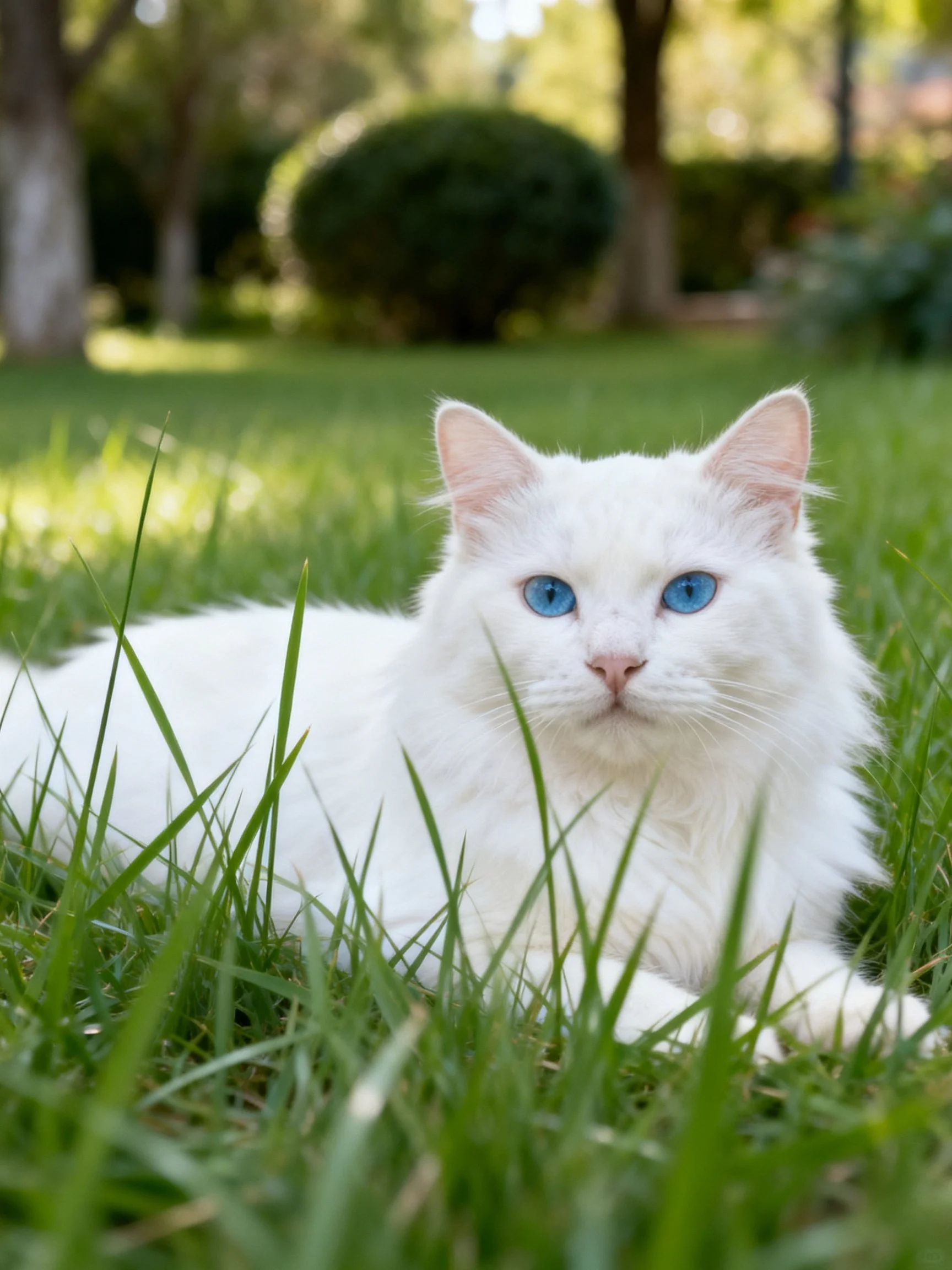 White cat with blue eyes resting on grass outdoors