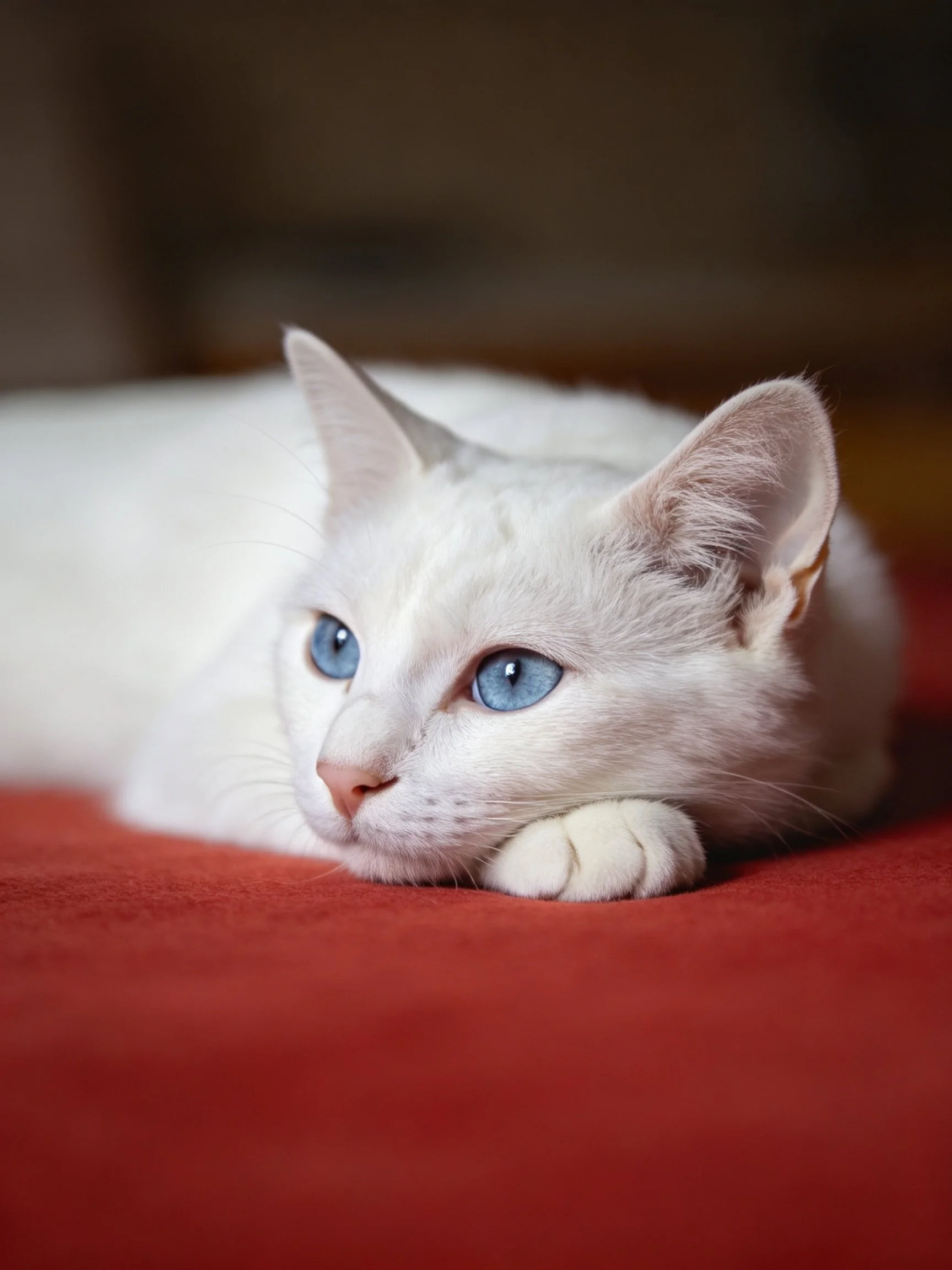White cat with blue eyes resting on red fabric