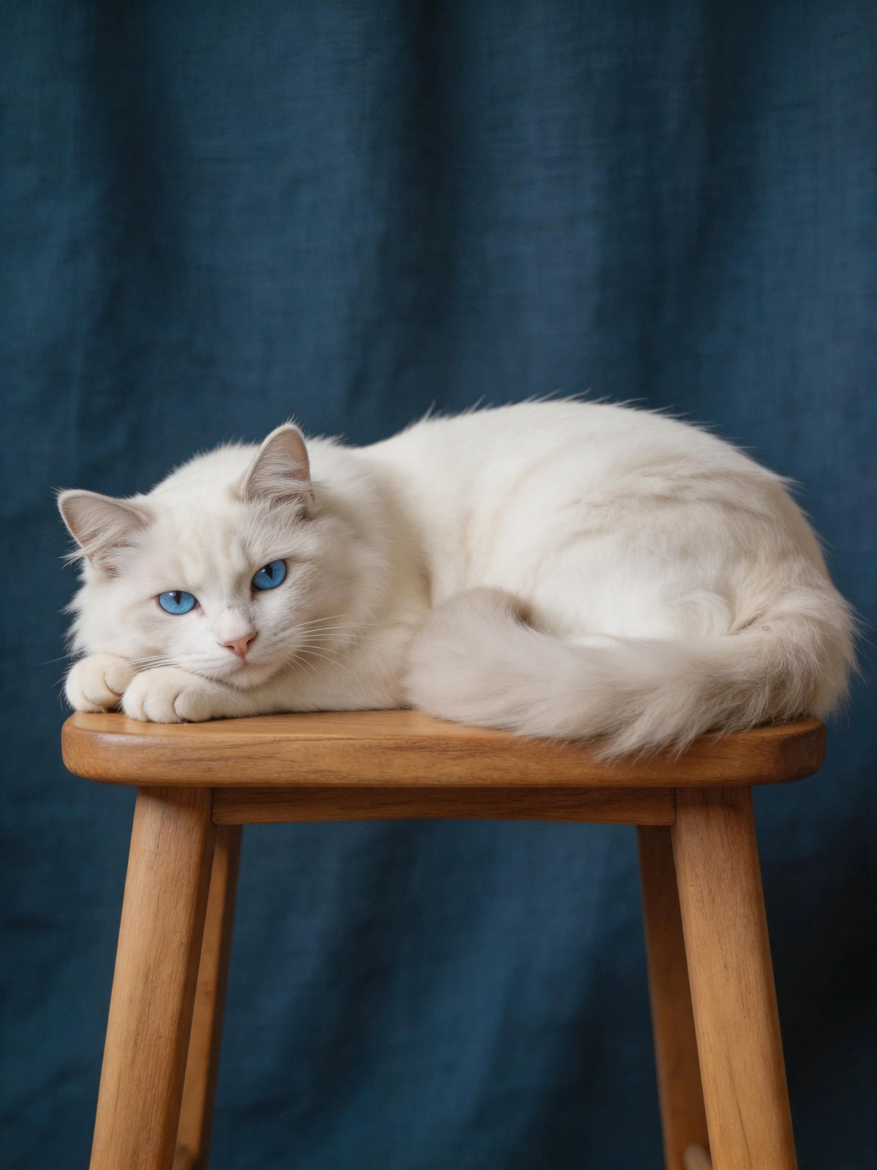 White cat with blue eyes resting on wooden stool before dark blue curtain