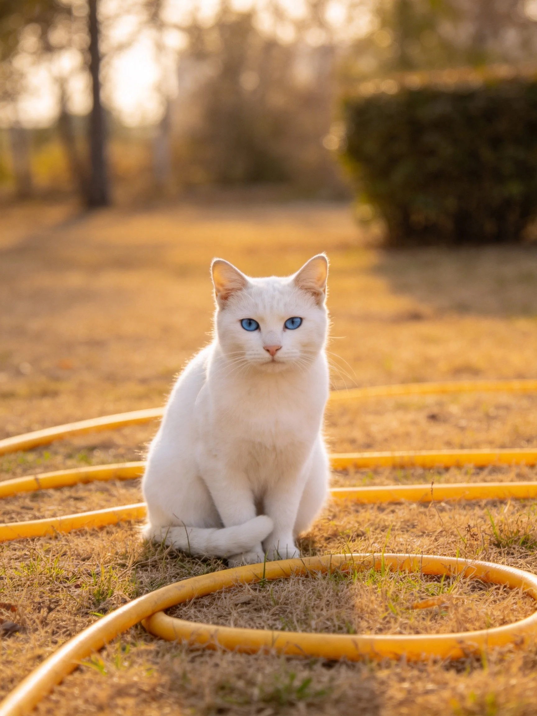A white cat with blue eyes rests beside yellow hoses in a sunlit outdoor space.