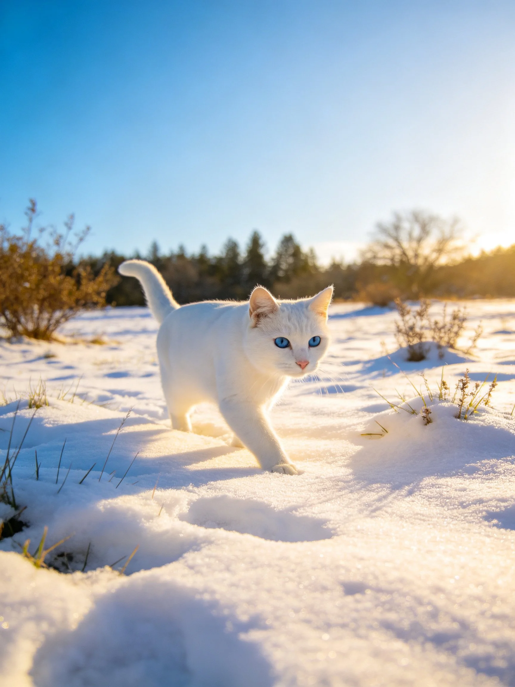 A white cat with blue eyes moves through snow in a sunlit outdoor setting.