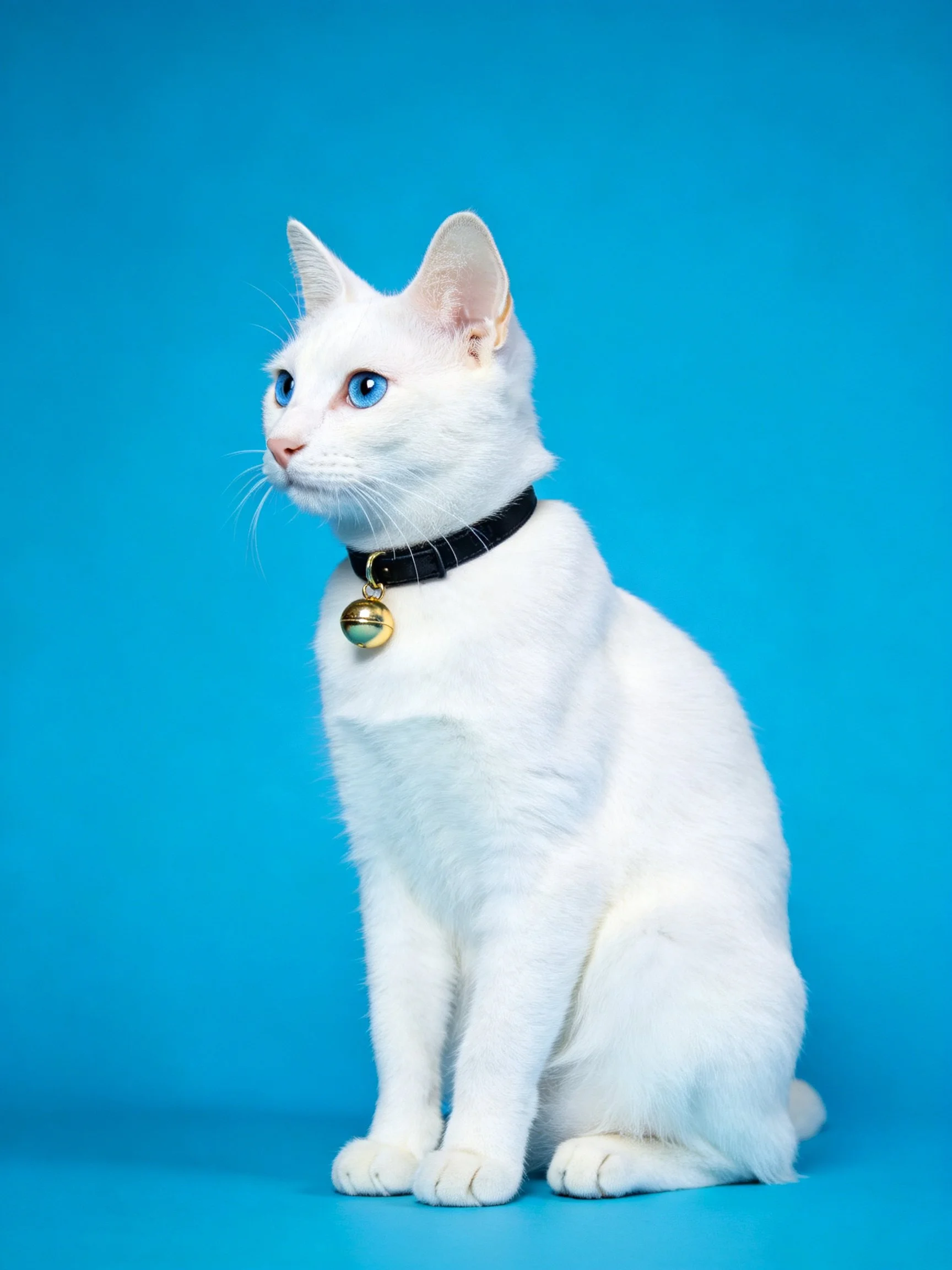White cat with blue eyes wears black collar on bright blue backdrop