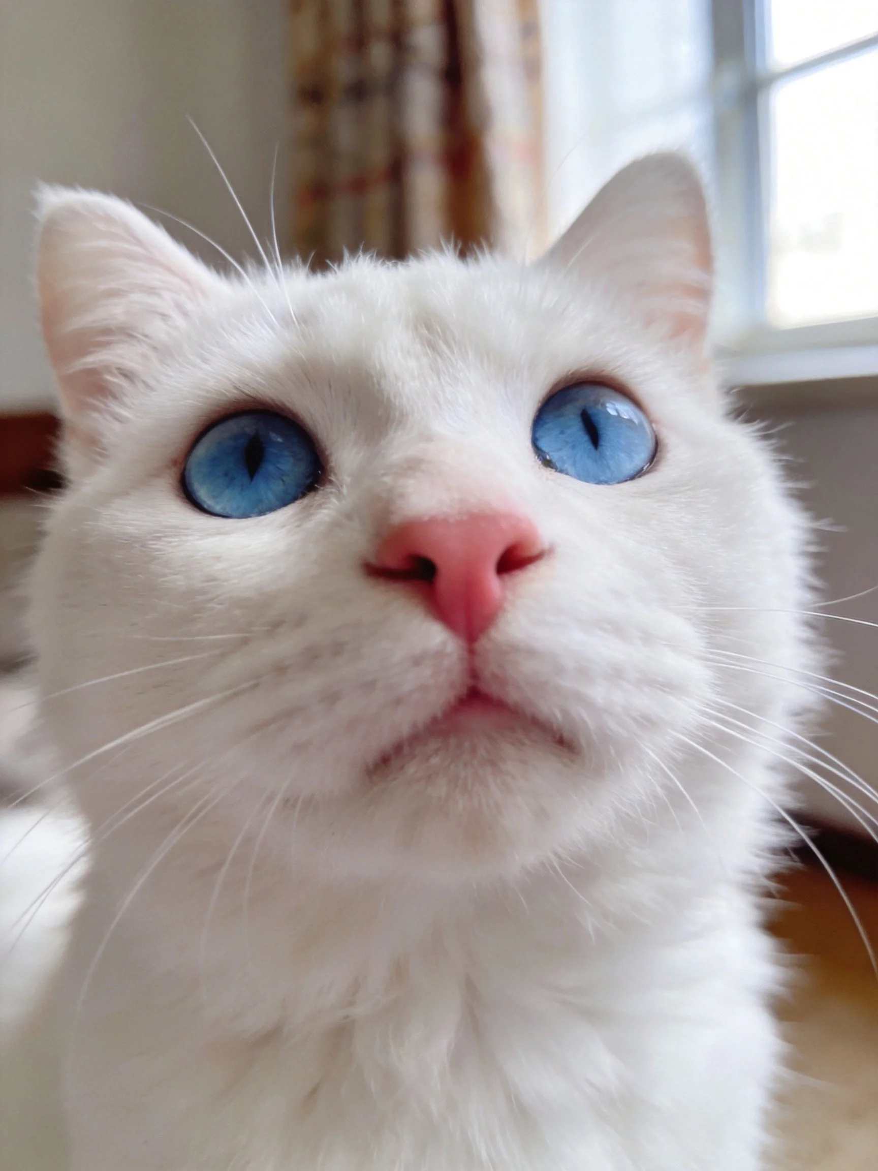 A white cat with blue eyes and pink nose is photographed up close.