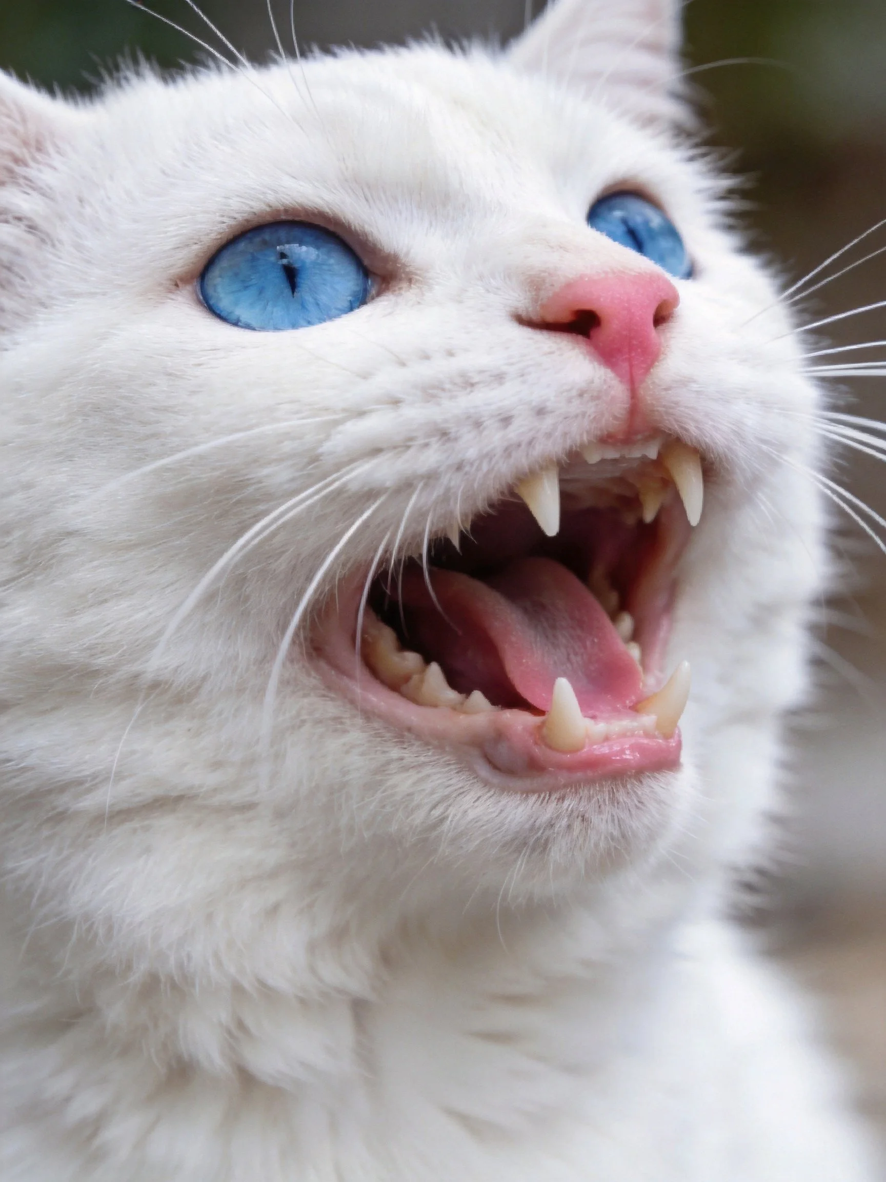 A white cat with blue eyes opens its mouth to show teeth.
