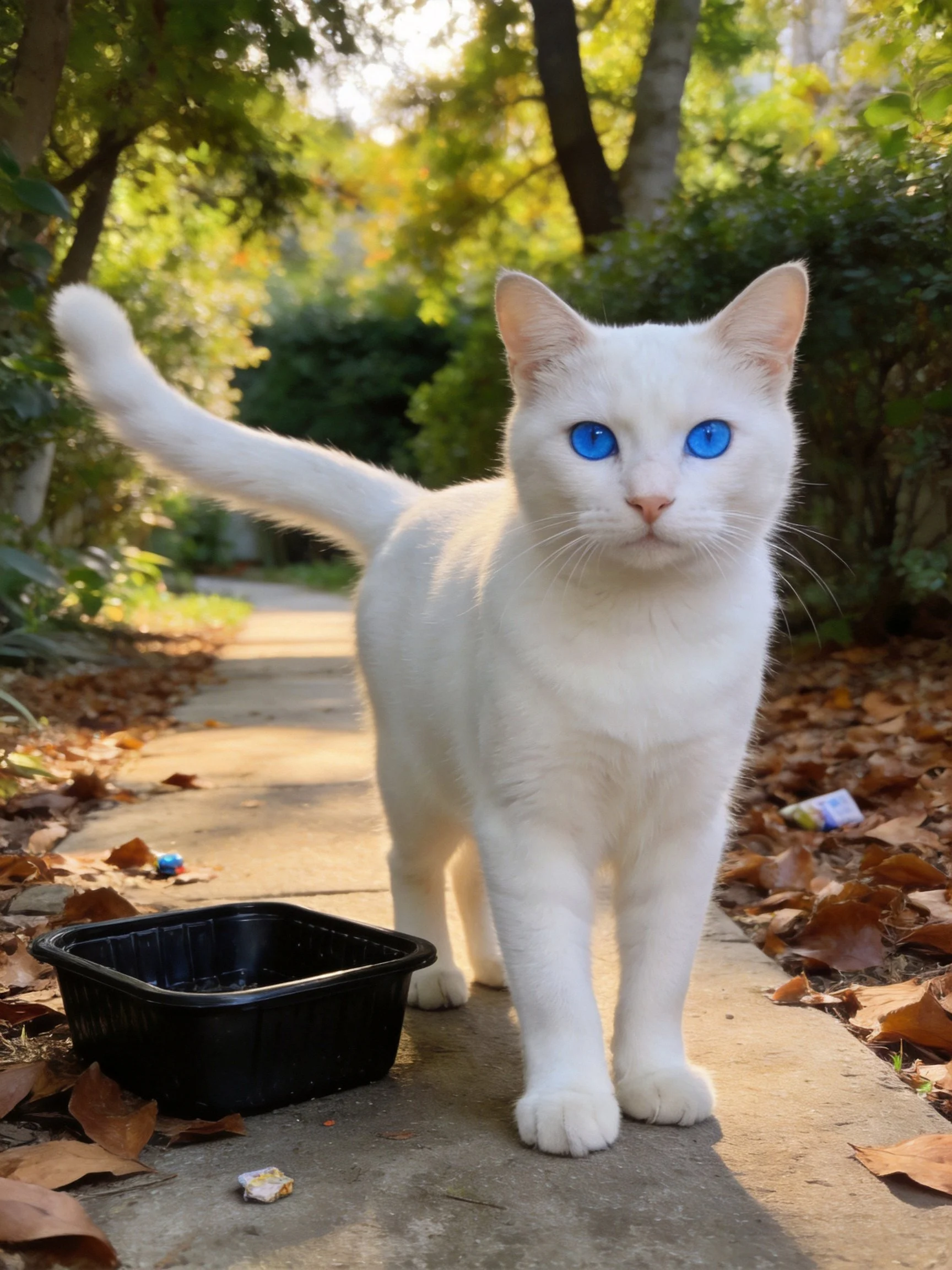 A white cat with blue eyes stands on a leaf-covered path next to a black container.