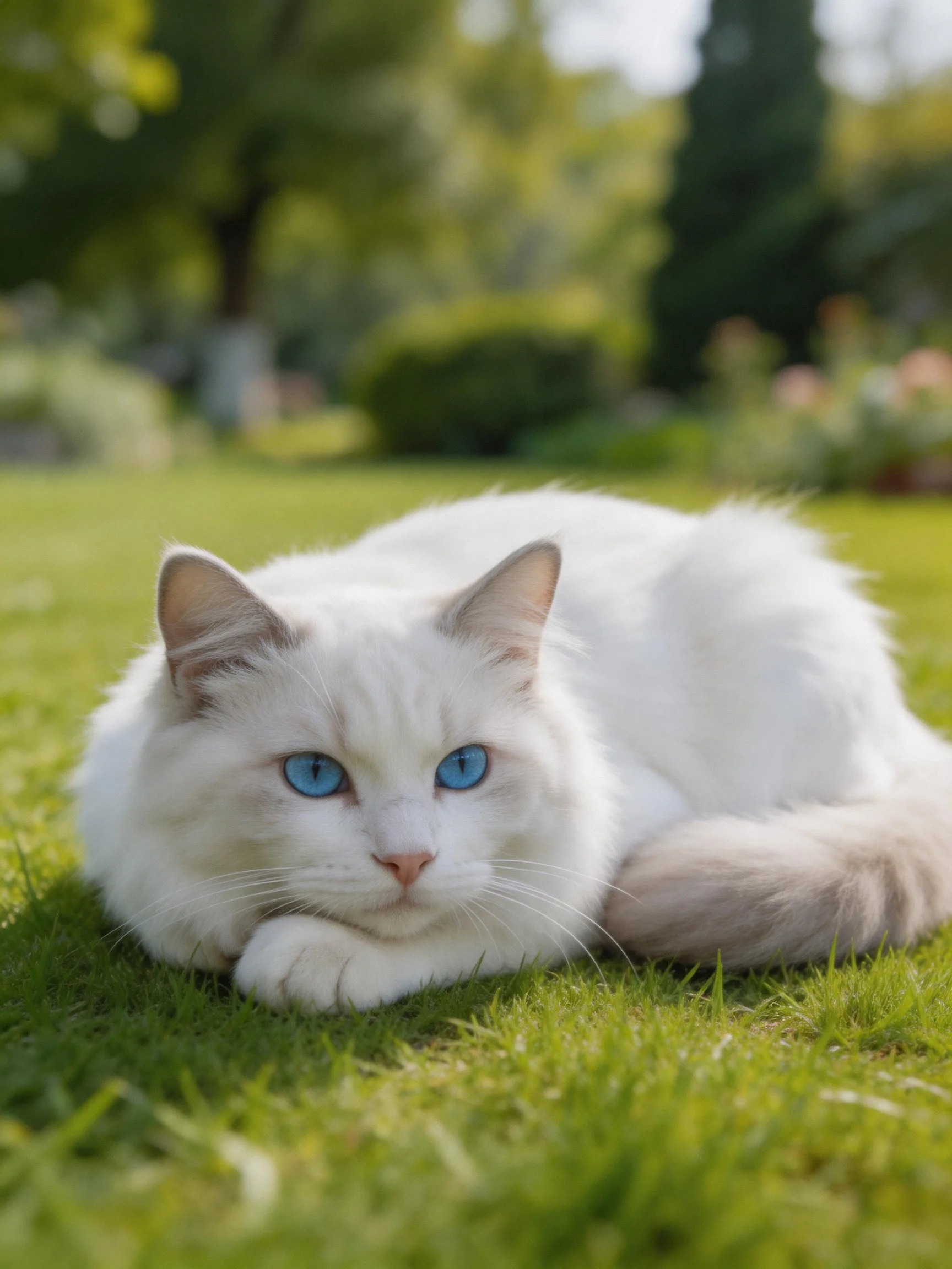 A white cat with blue eyes relaxes on a grassy lawn.