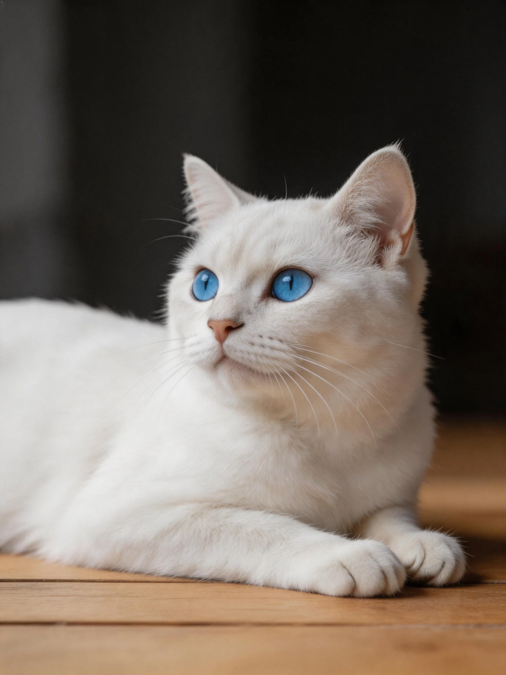 A white cat with blue eyes rests peacefully on a wooden surface.